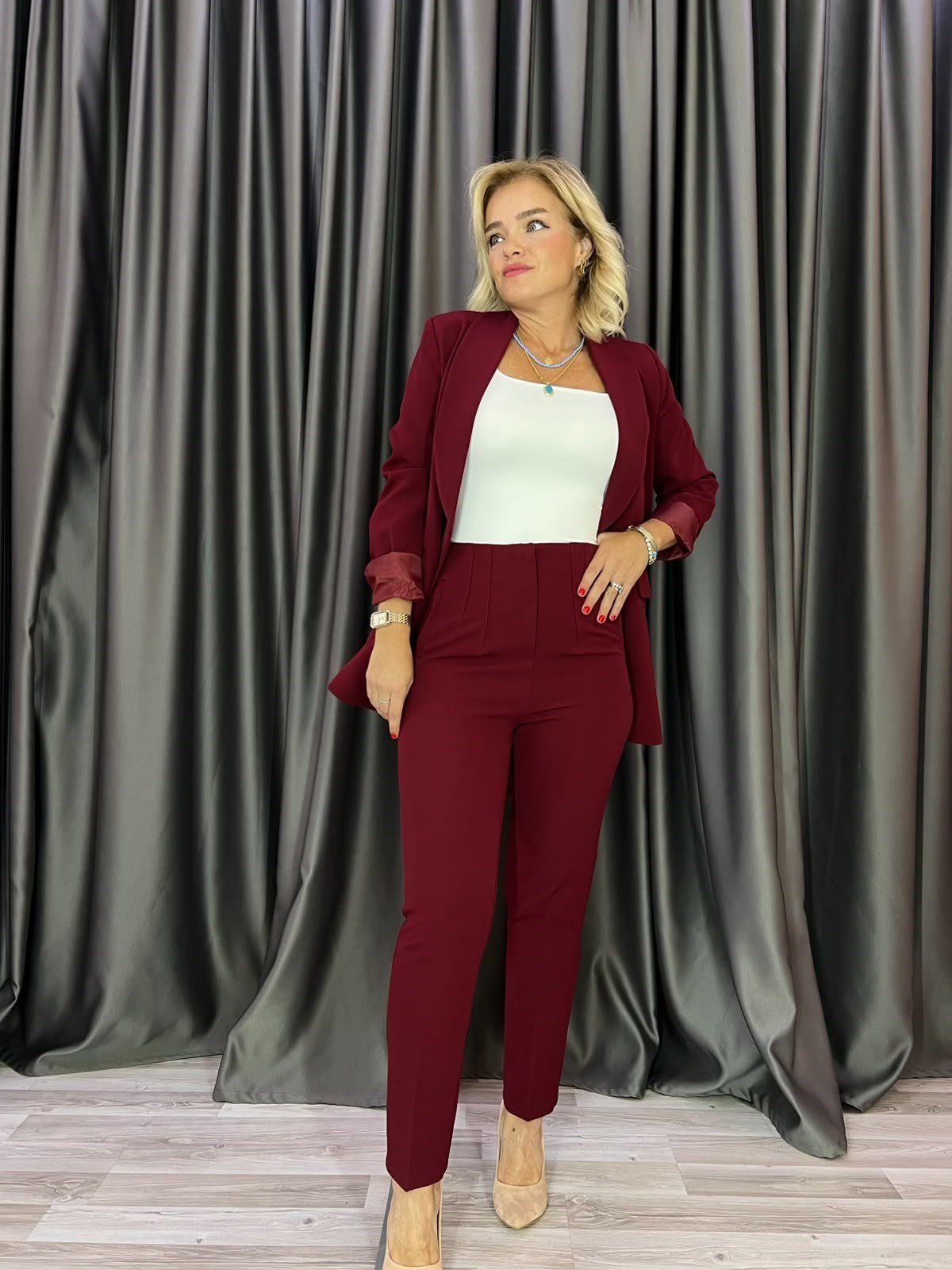 Zr Model Düğmesiz Bordo Blazer Ceket