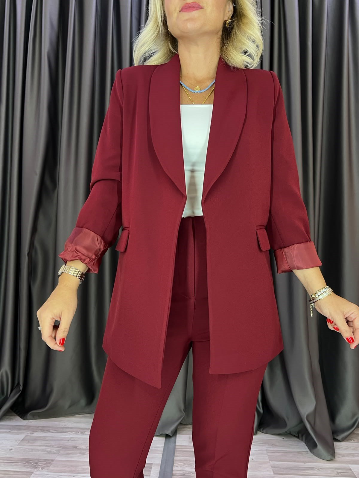 Zr Model Düğmesiz Bordo Blazer Ceket