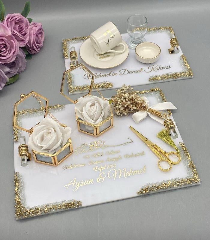 Nişan Tepsisi Damat Kahvesi Kare Gold Beyaz Pleksi