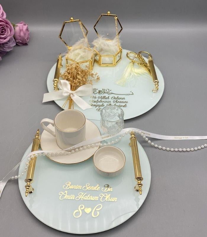 Söz Nişan Tepsisi Yuvarlak Beyaz Cam