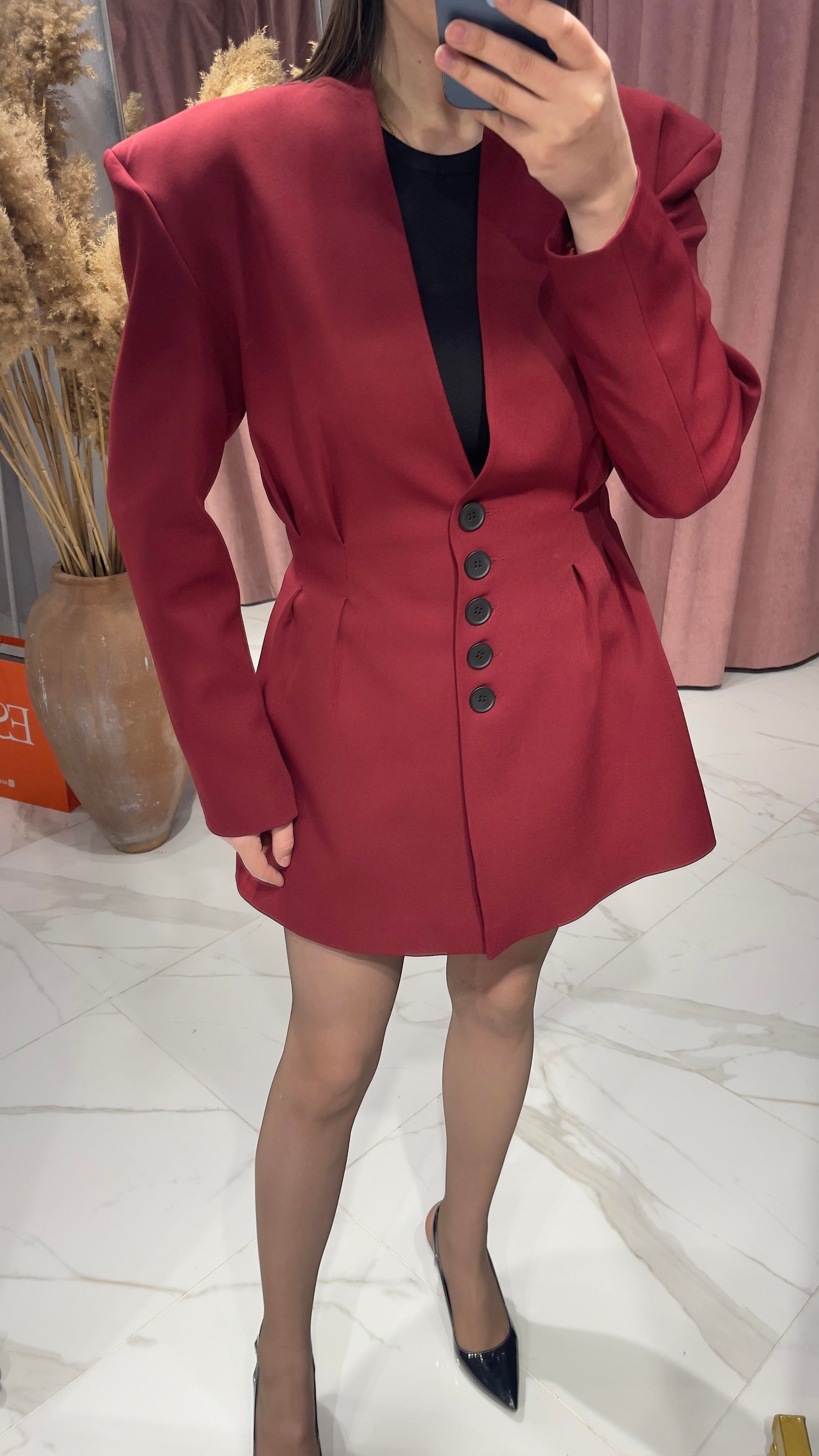 BEL PENSLİ BLAZER ELBİSEETEK-BORDO