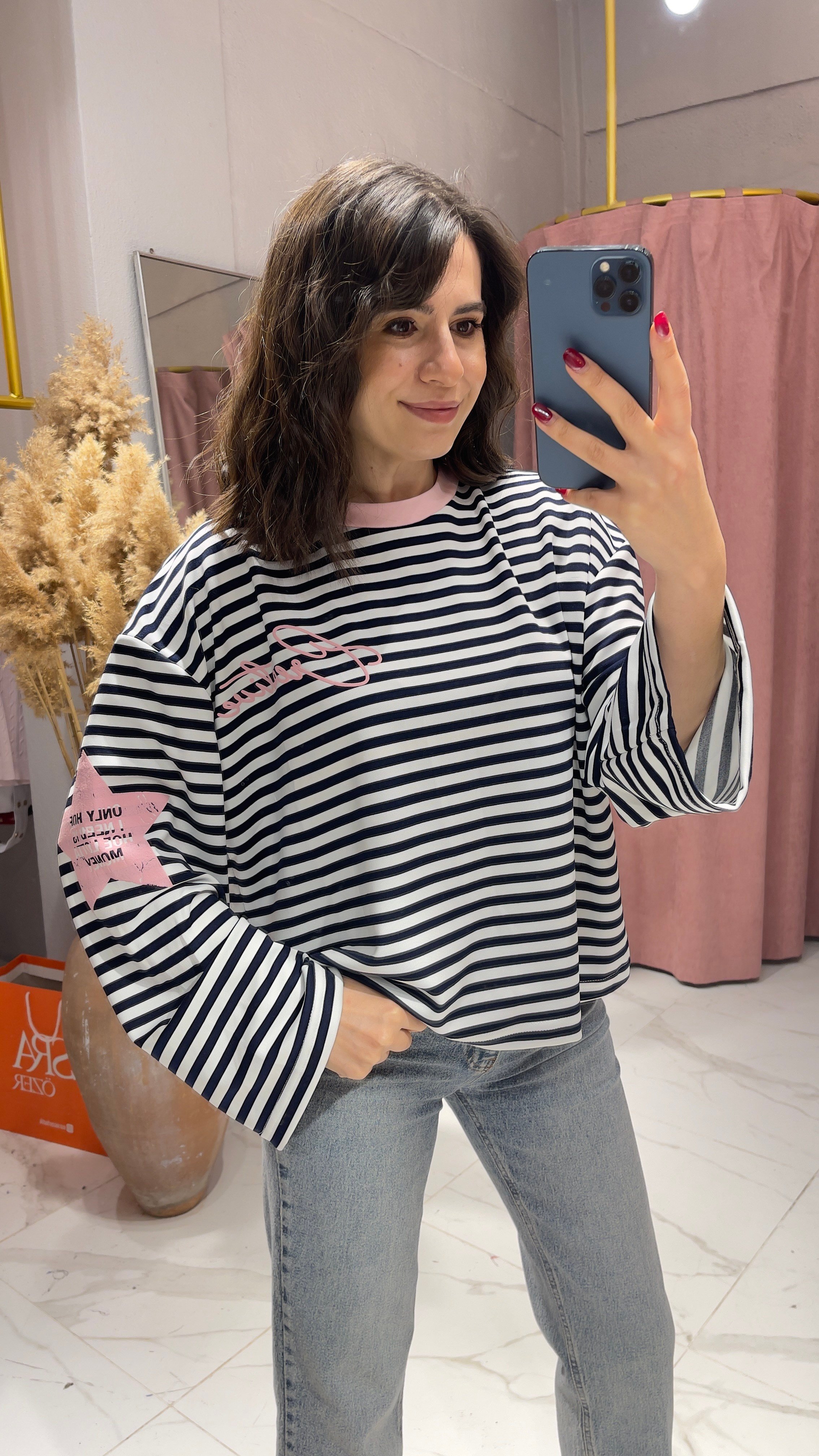 ÇİZGİLİ BASKI DETAY SWEATSHİRT-PEMBE