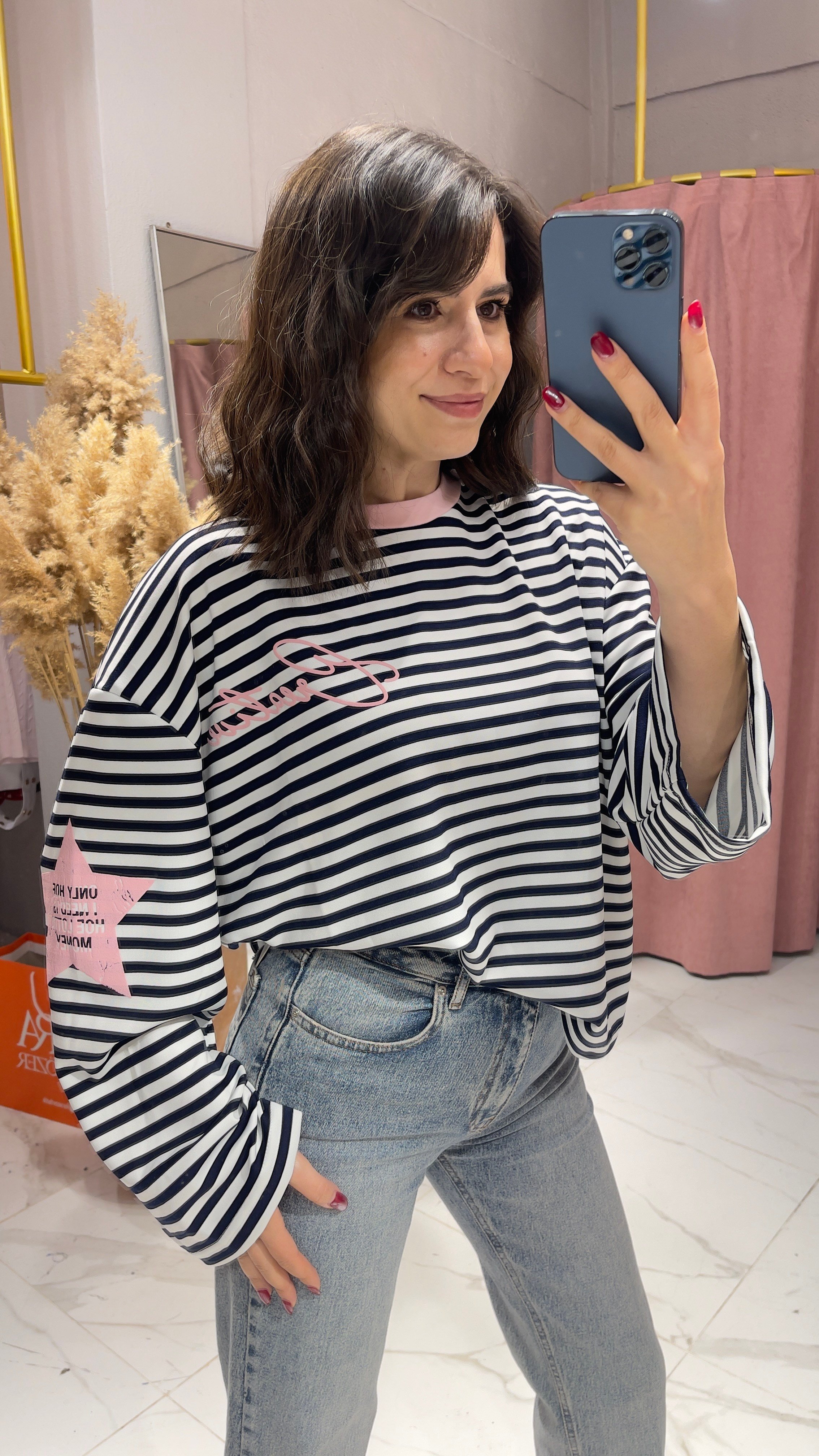 ÇİZGİLİ BASKI DETAY SWEATSHİRT-PEMBE