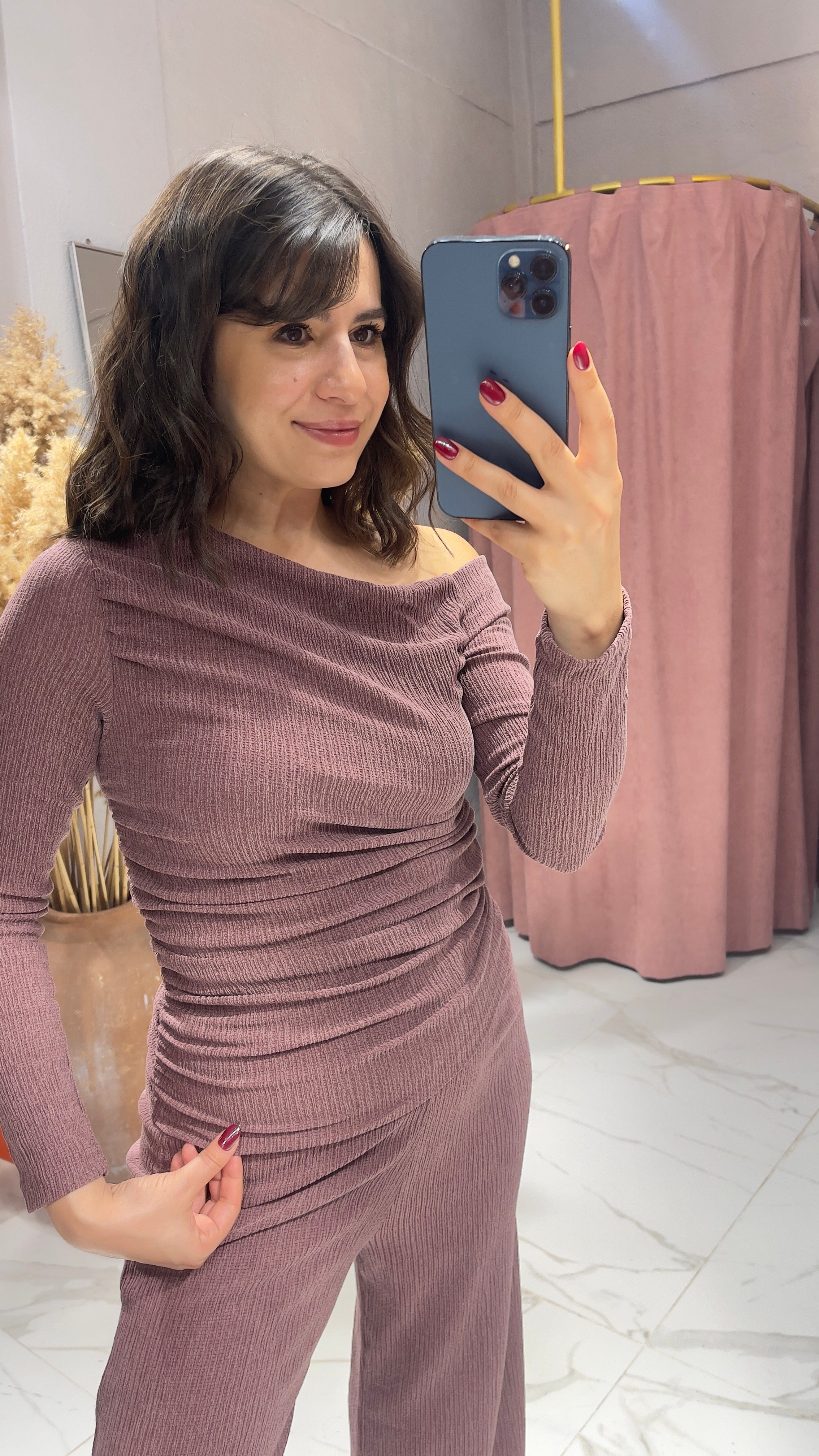 DRAPE DETAY KAYIK YAKA BÜRÜMCÜK TAKIM-BORDO