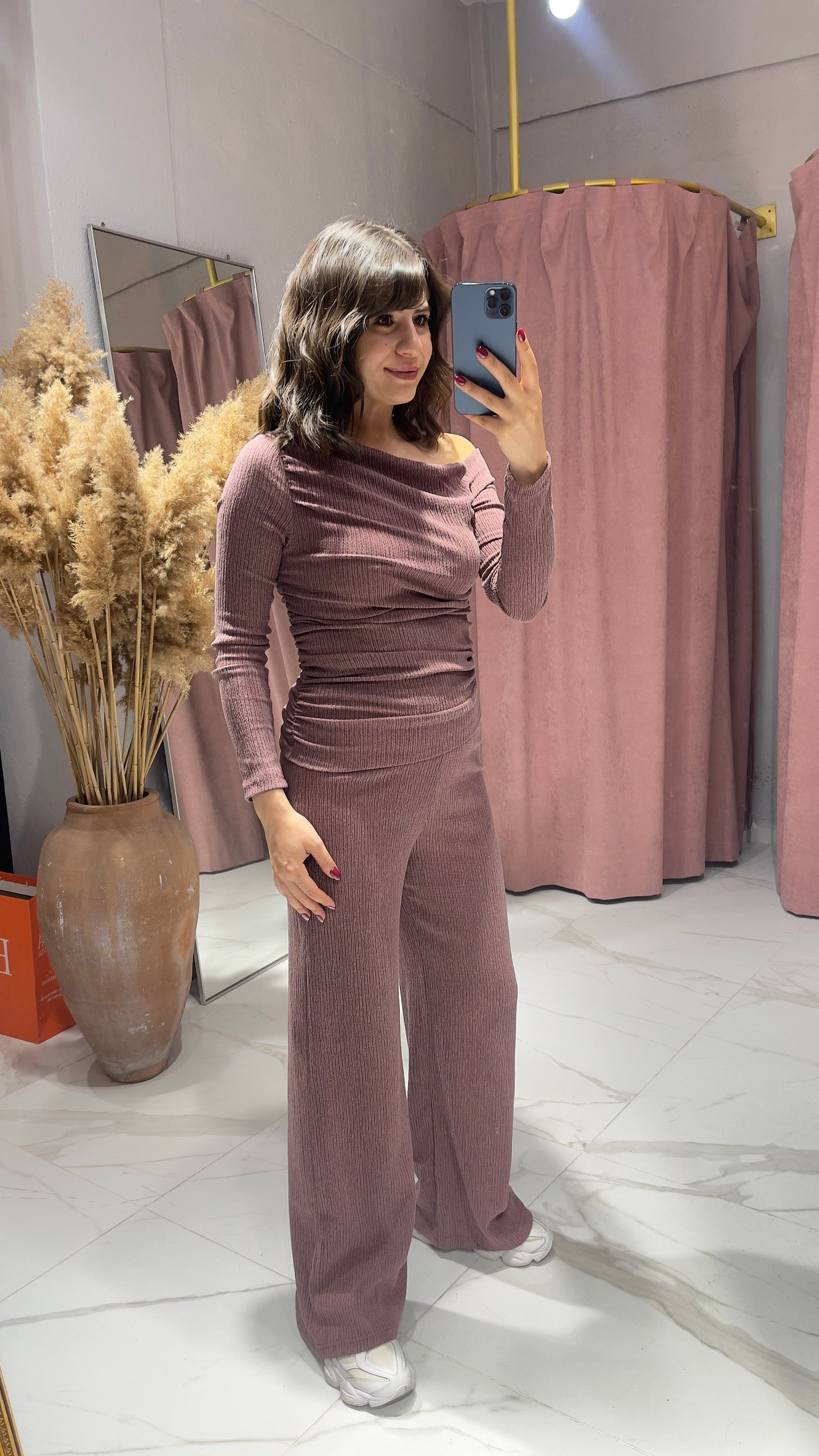 DRAPE DETAY KAYIK YAKA BÜRÜMCÜK TAKIM-BORDO