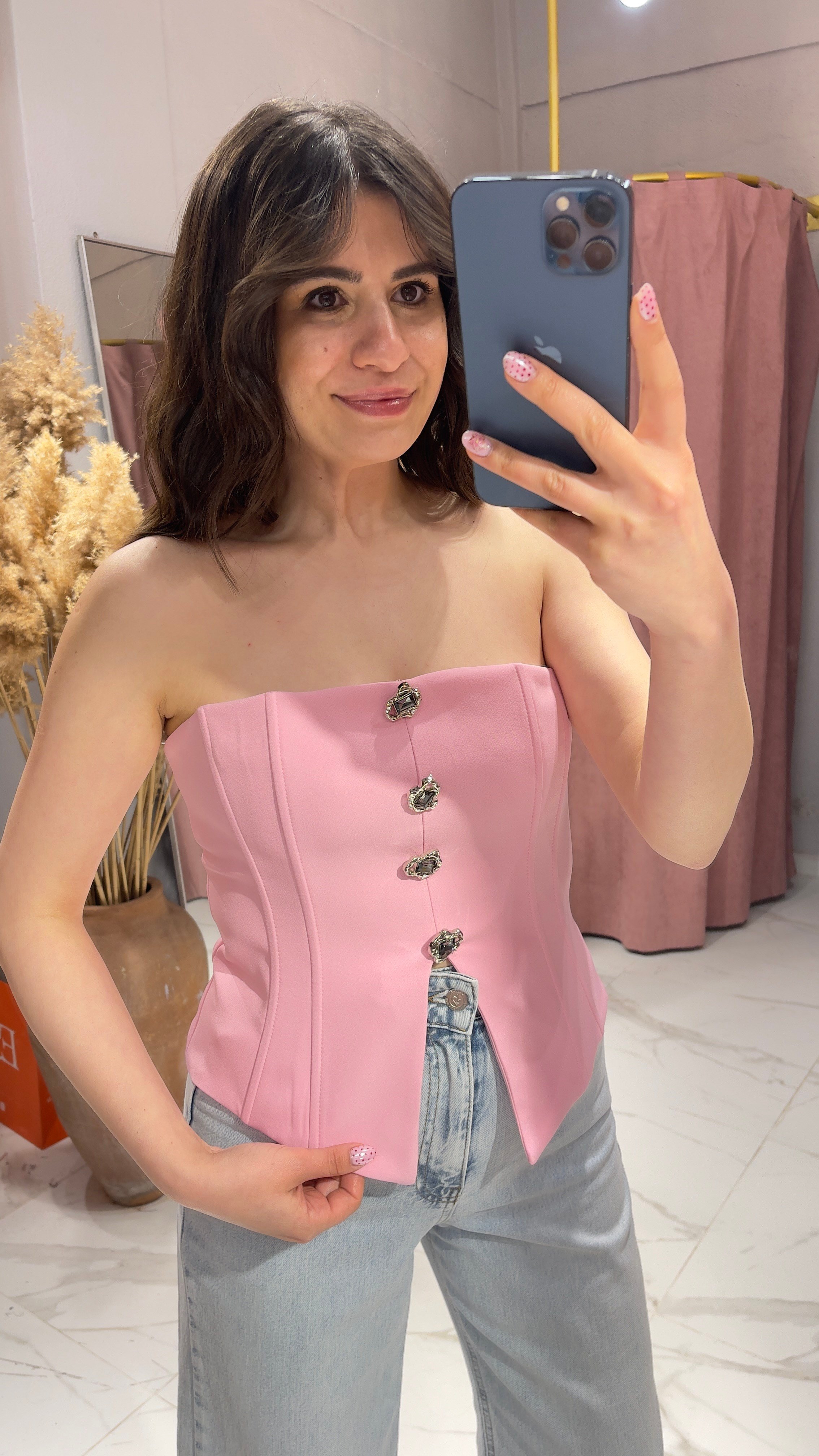 Gümüş Tokalı Straplez Bluz-PEMBE