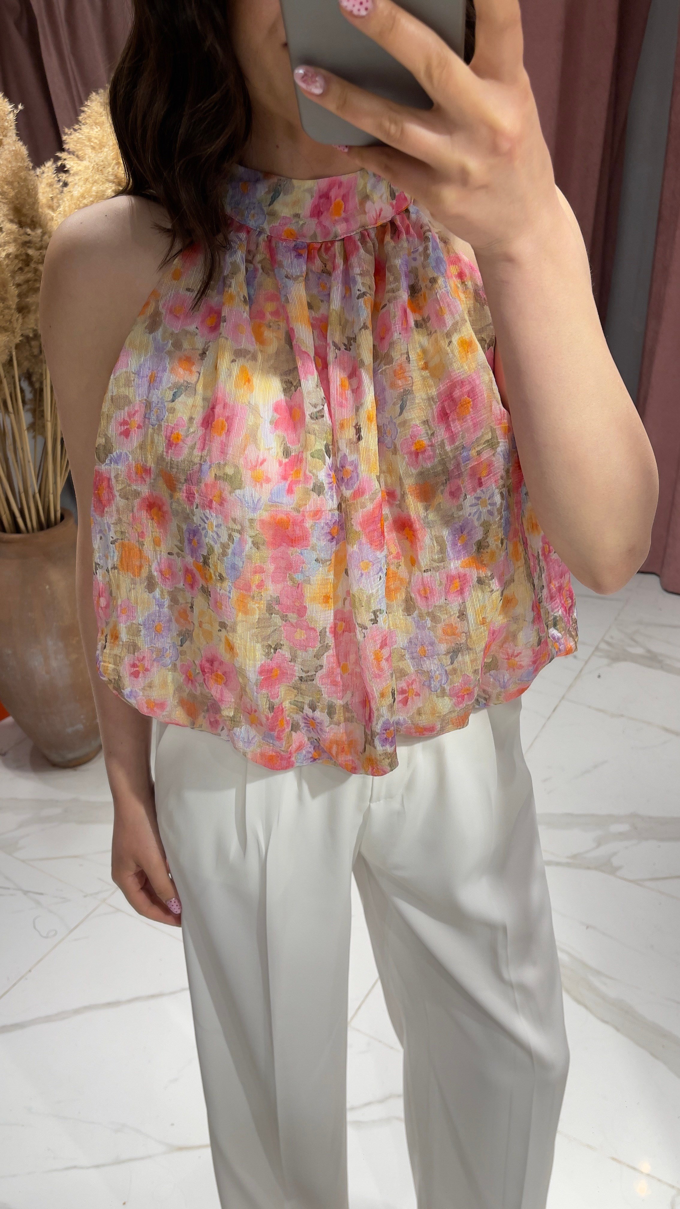 Halter Yaka Desenli Bluz-PEMBE