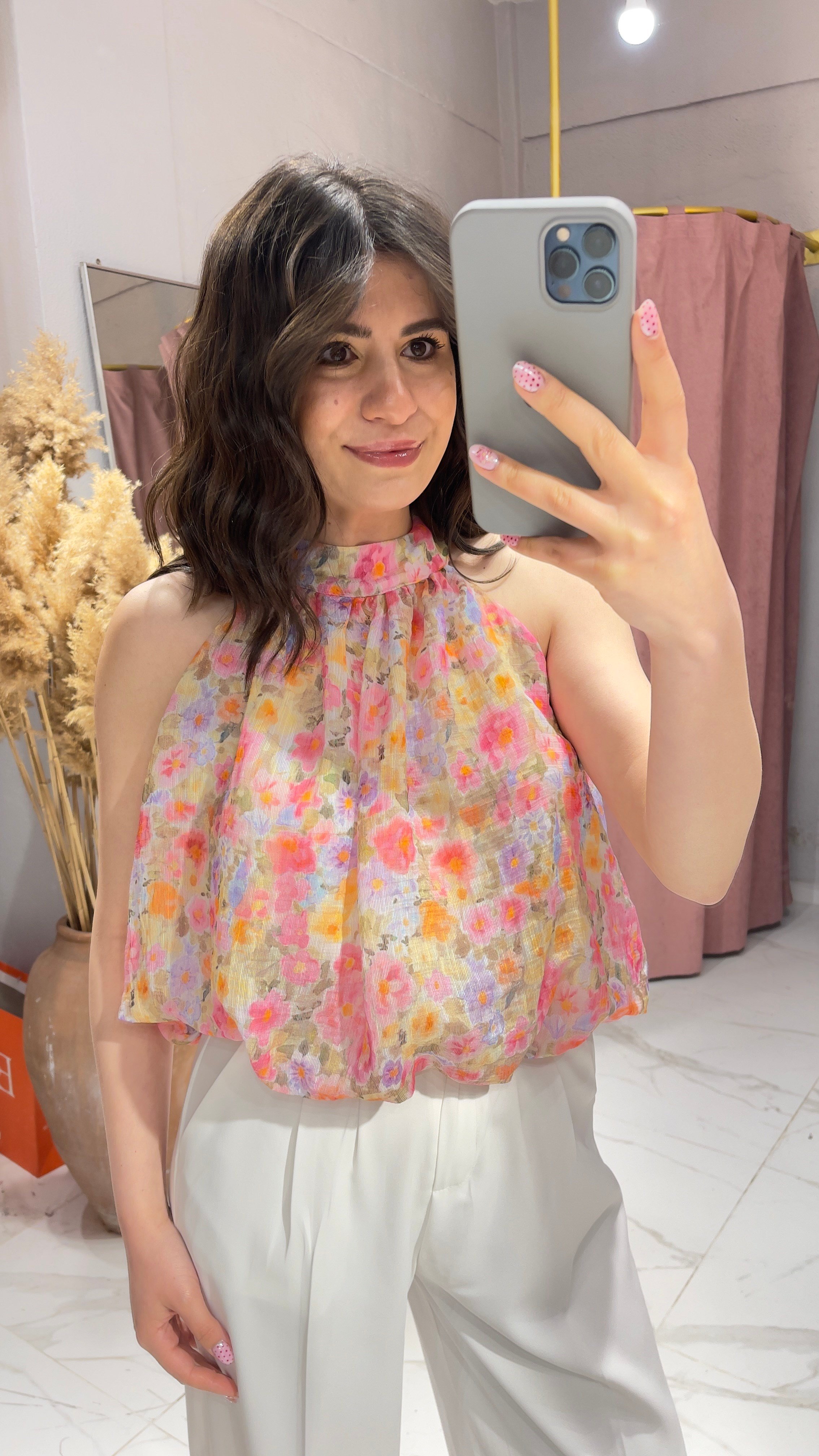 Halter Yaka Desenli Bluz-PEMBE