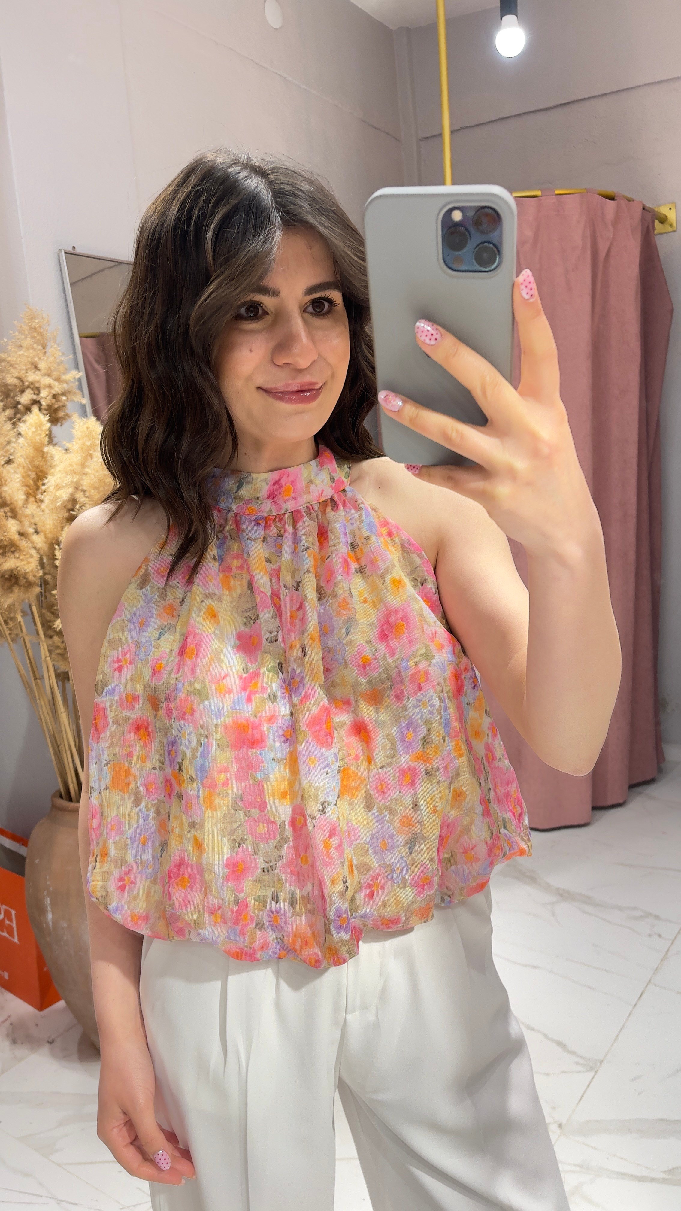Halter Yaka Desenli Bluz-PEMBE