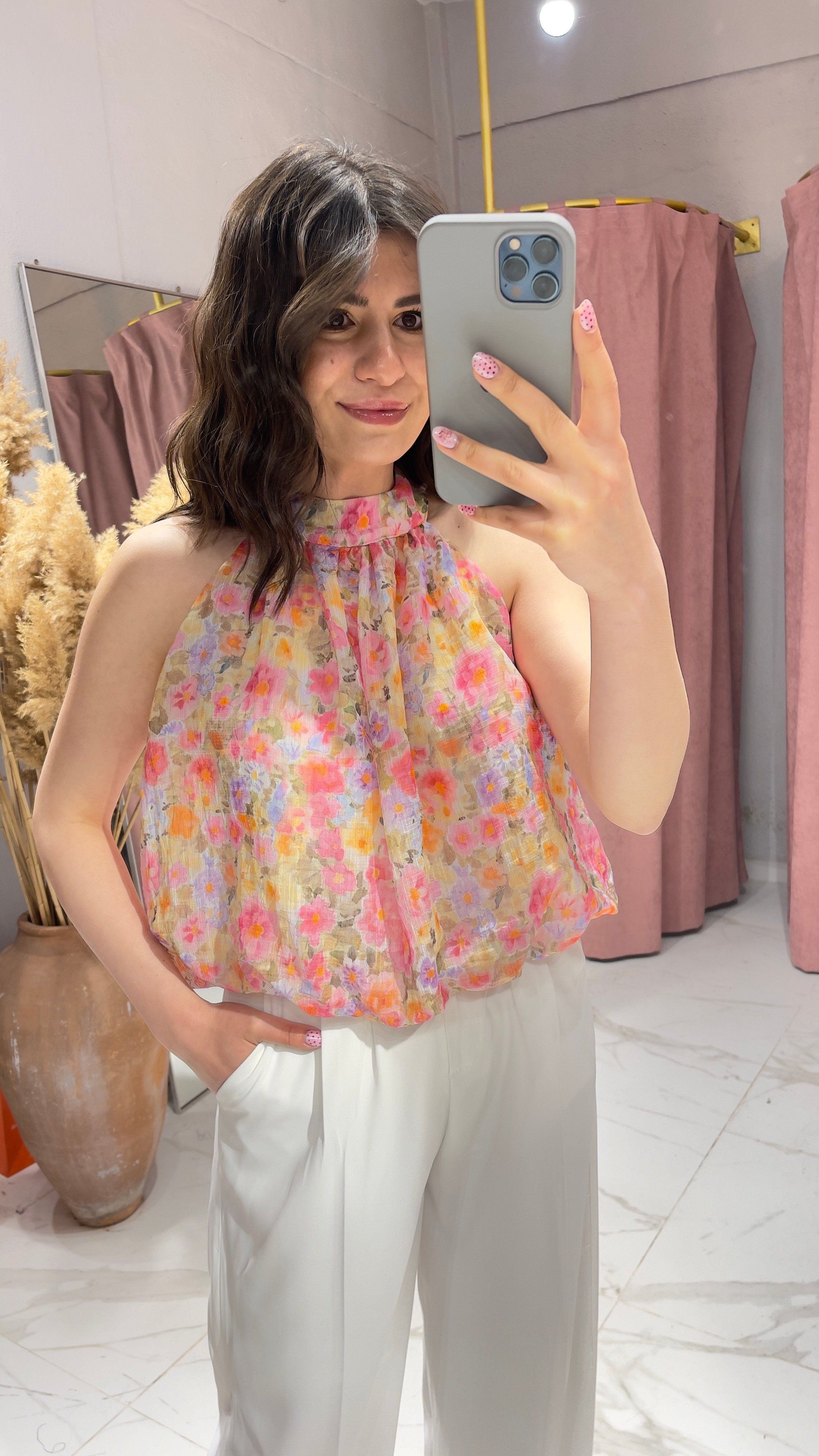 Halter Yaka Desenli Bluz-PEMBE