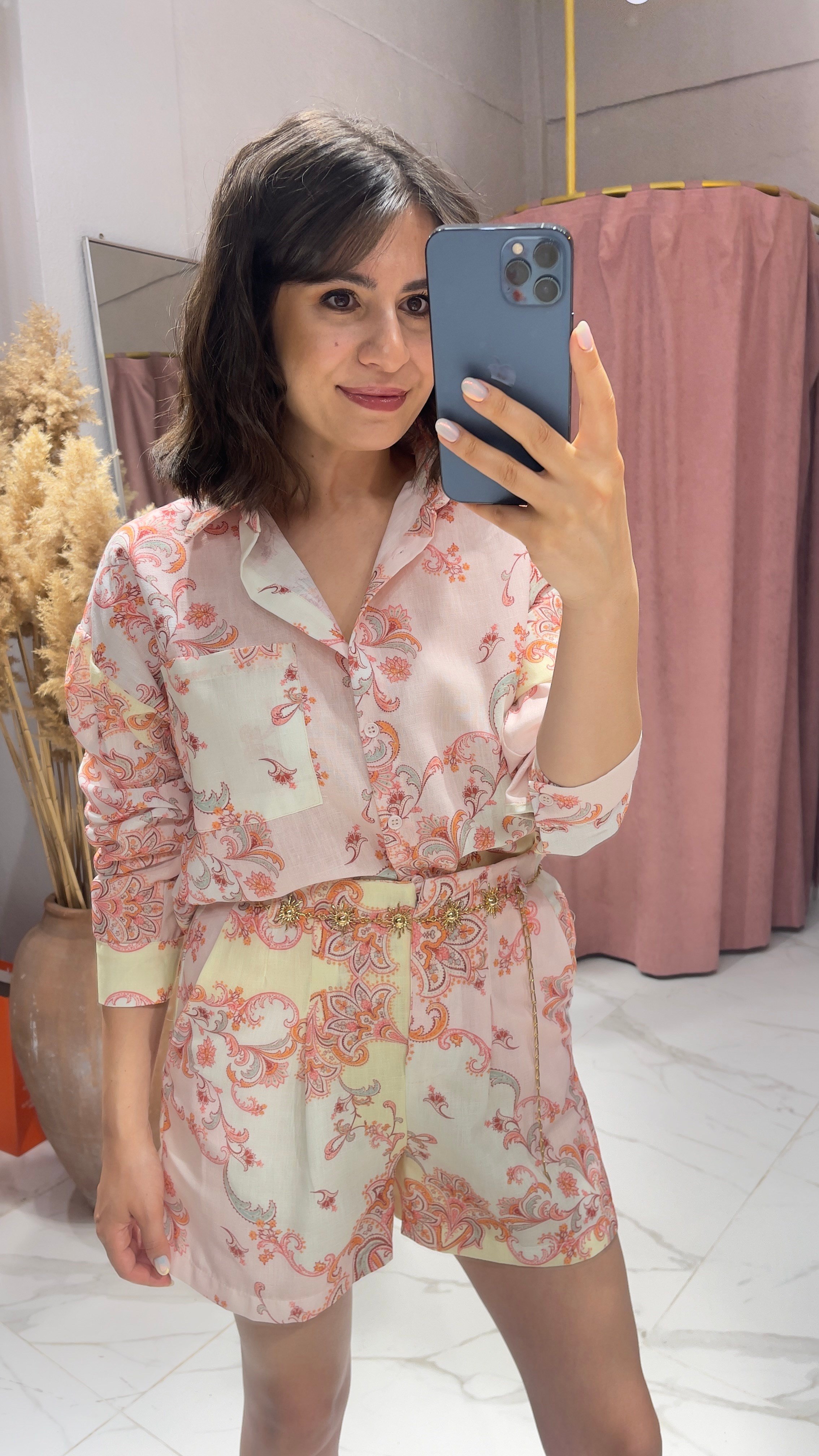 KEMERLİ ETNİK DESEN GÖMLEK ŞORT TAKIM-KARIŞIK RENK