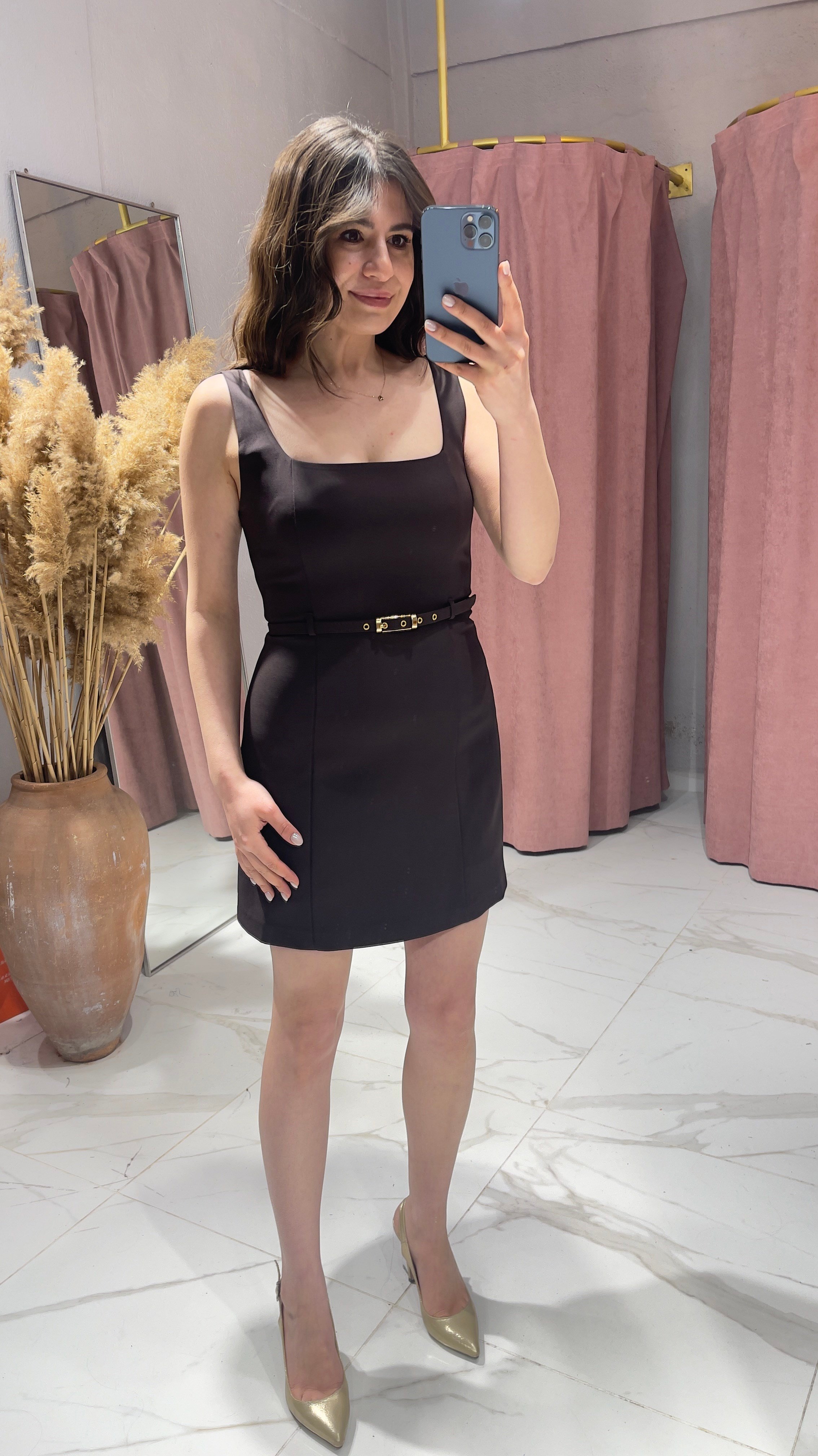 Kemerli Mini Elbise-KAHVE