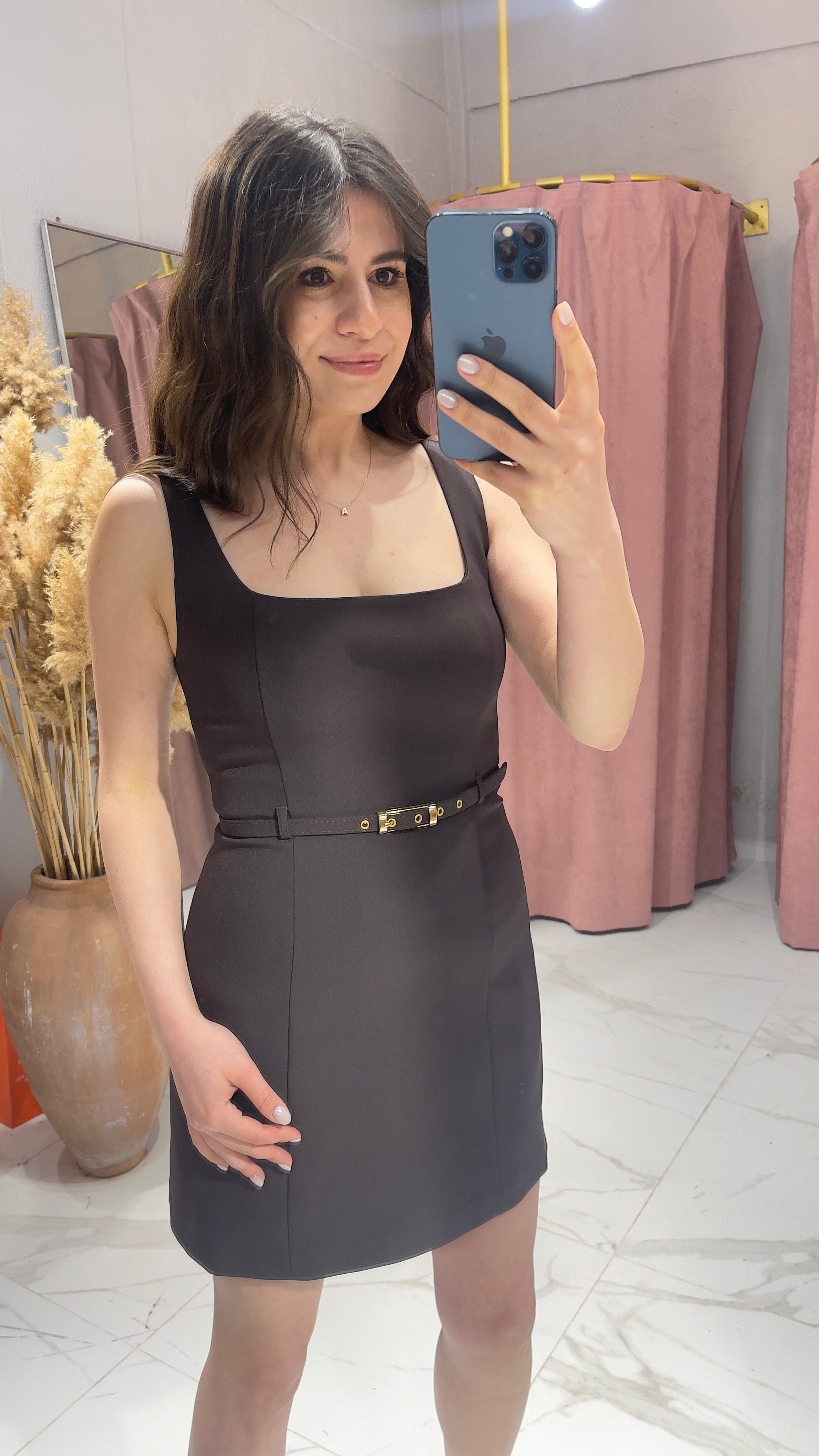 Kemerli Mini Elbise-KAHVE