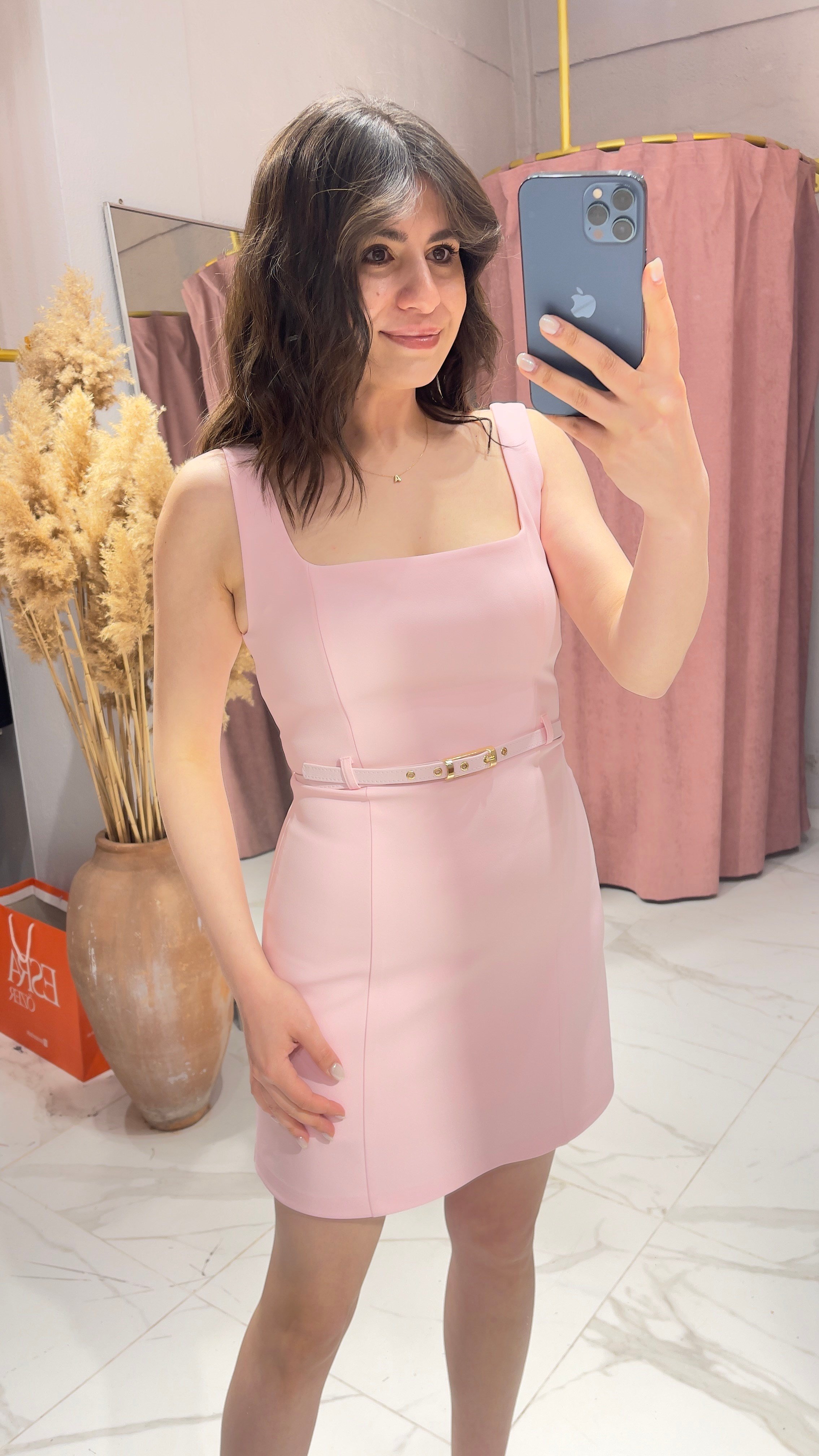 Kemerli Mini Elbise-PEMBE