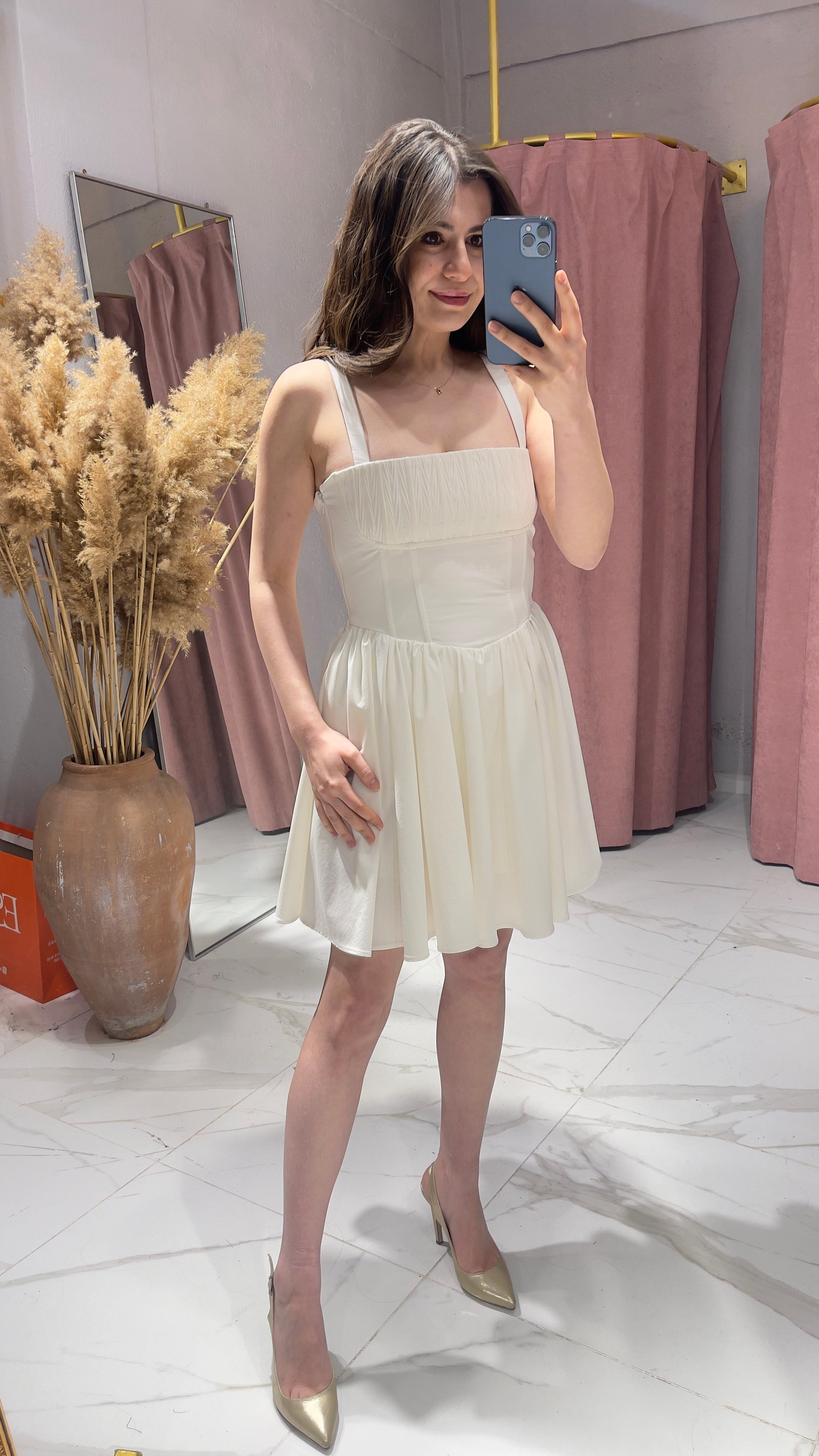 KORSE MODEL MİNİ ELBİSE-EKRU