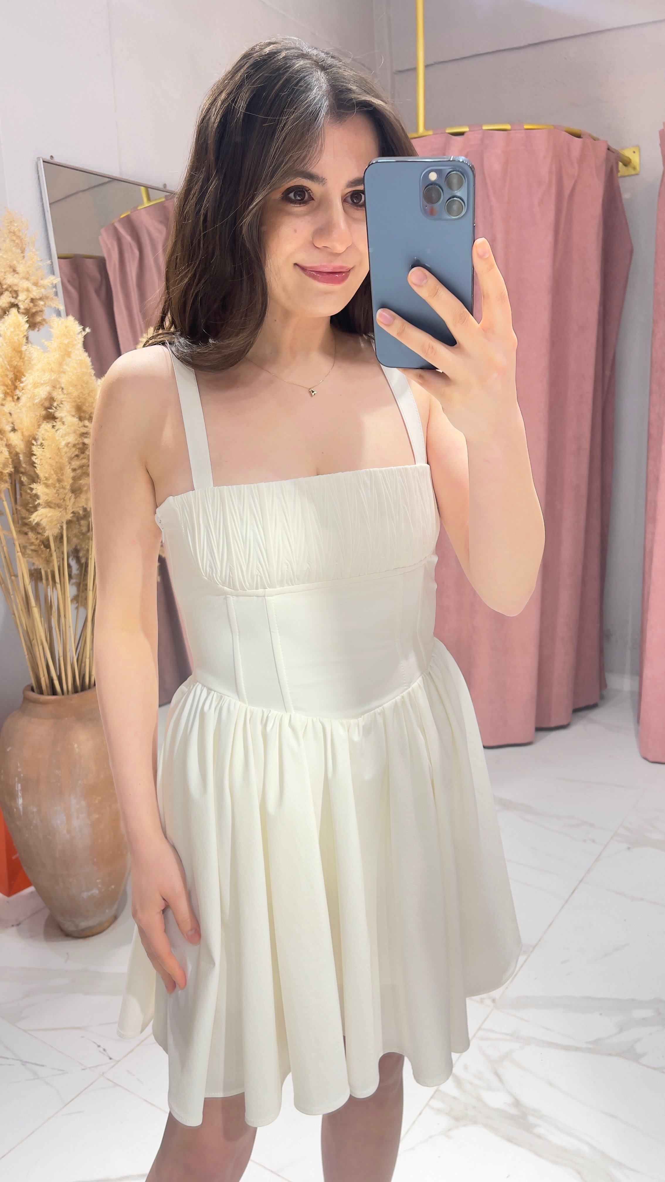 KORSE MODEL MİNİ ELBİSE-EKRU
