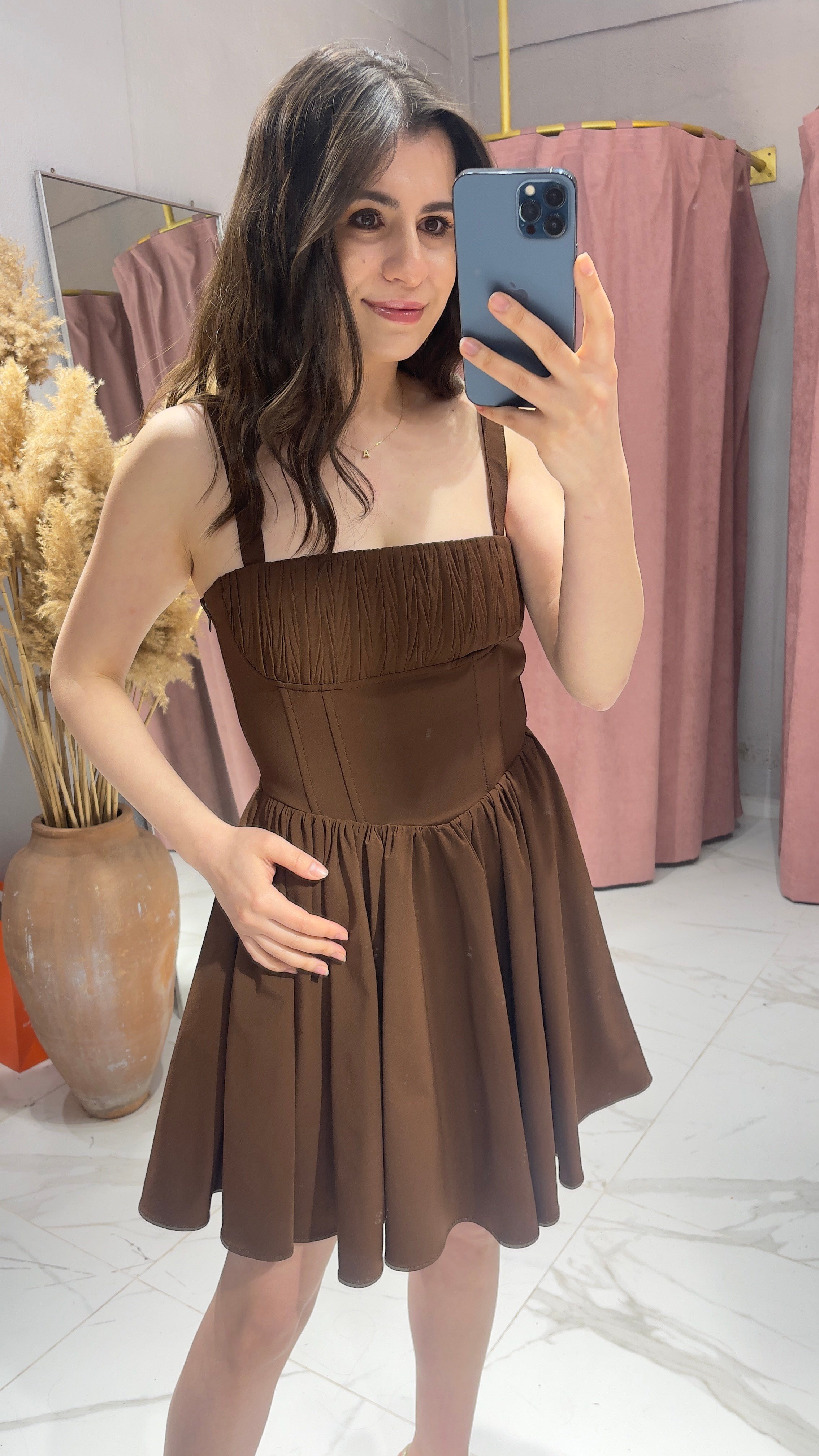KORSE MODEL MİNİ ELBİSE-KAHVE