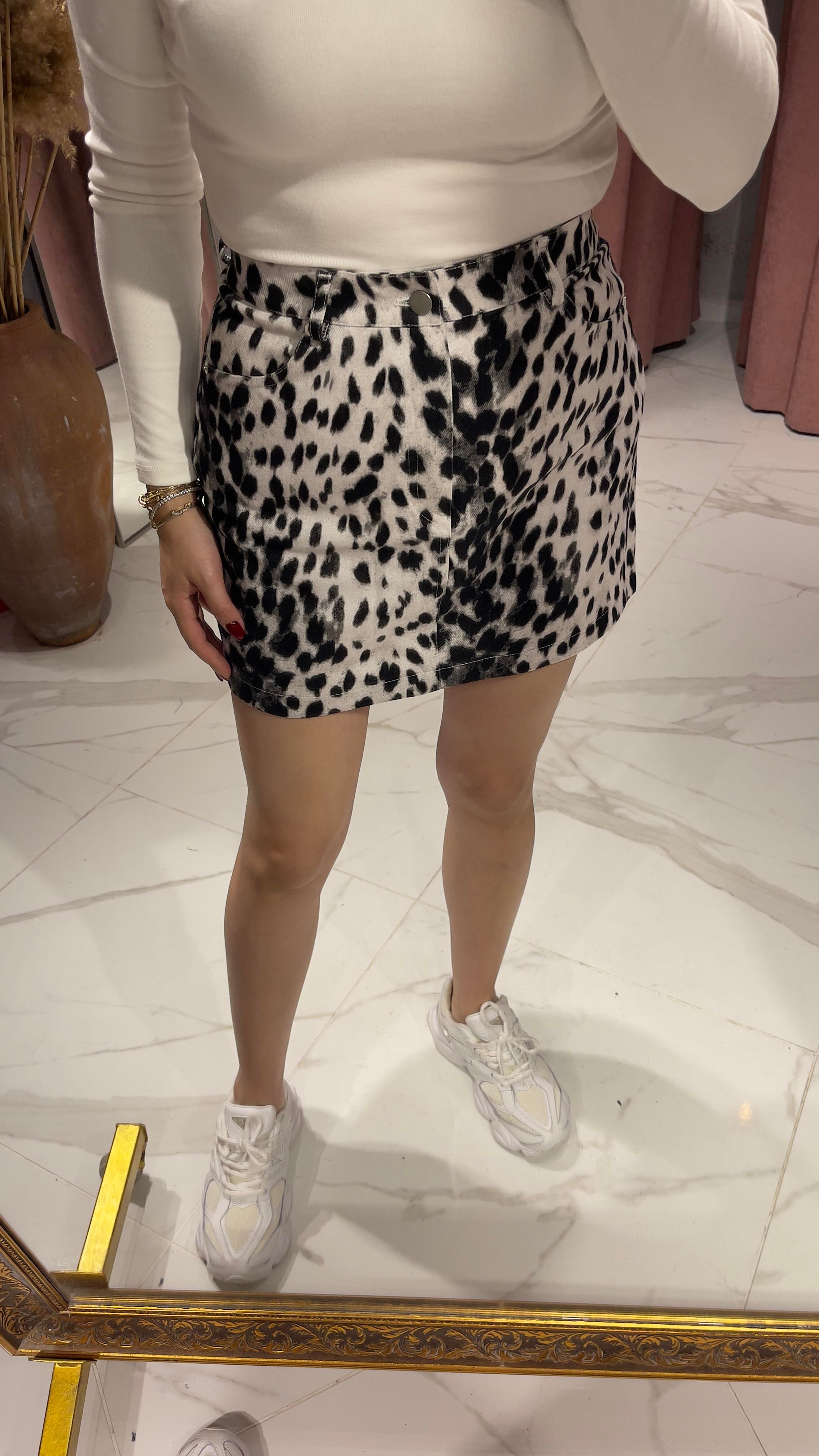 LEOPAR DESEN DENİM ETEK-LEOPAR DESEN