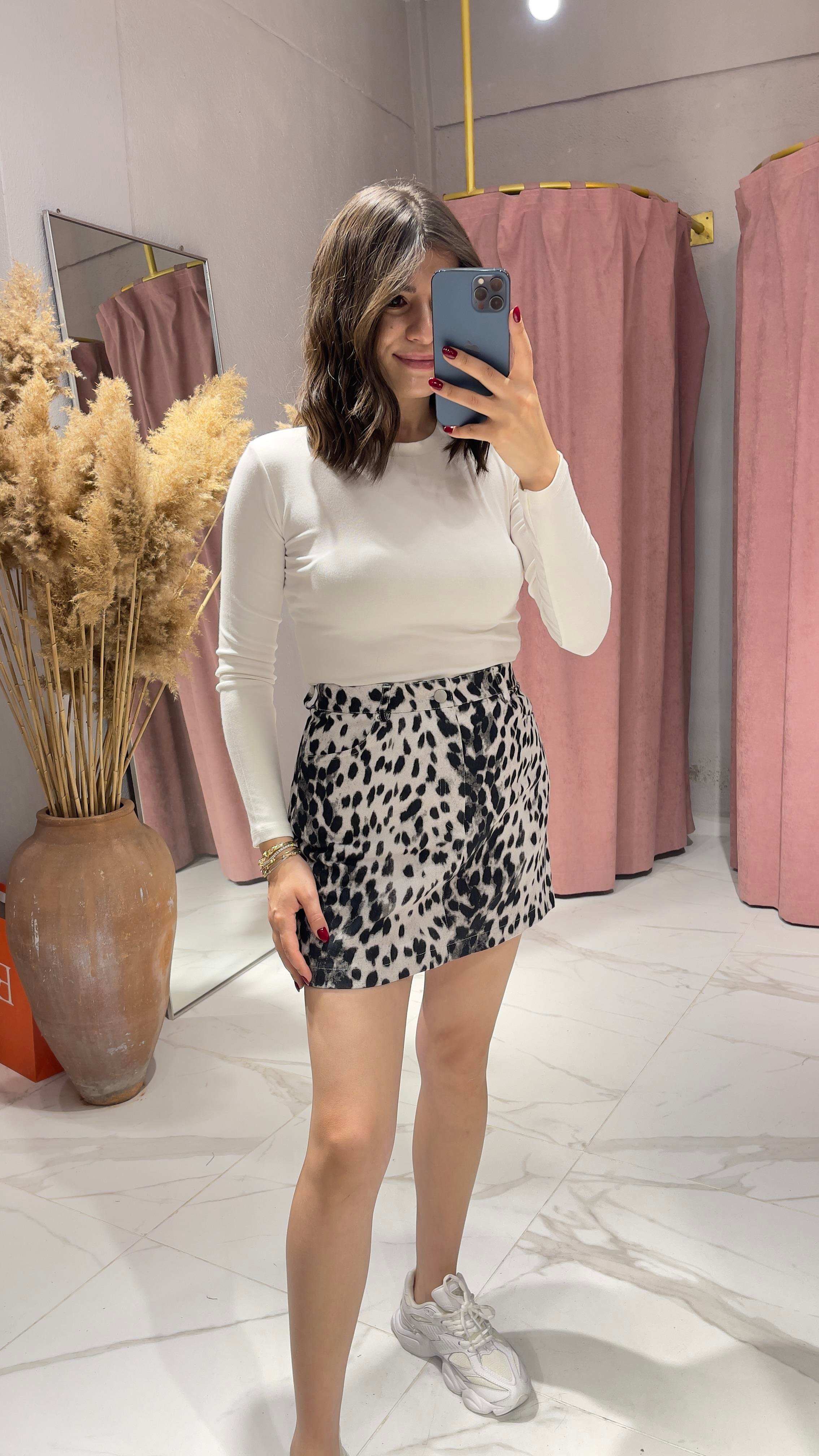 LEOPAR DESEN DENİM ETEK-LEOPAR DESEN