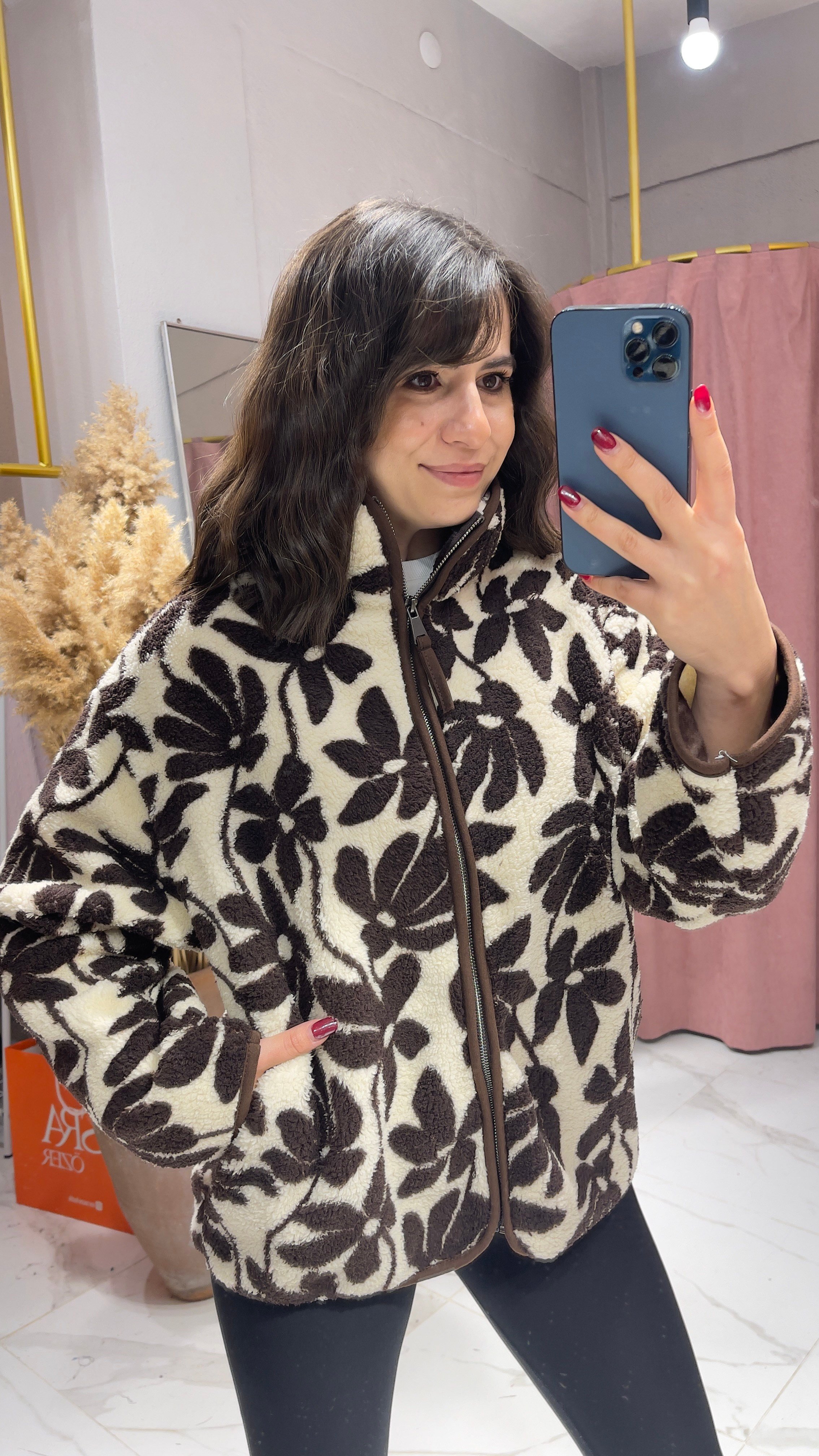 PAPATYA DESEN PELUŞ TEDDY CEKET-EKRU/KAHVE