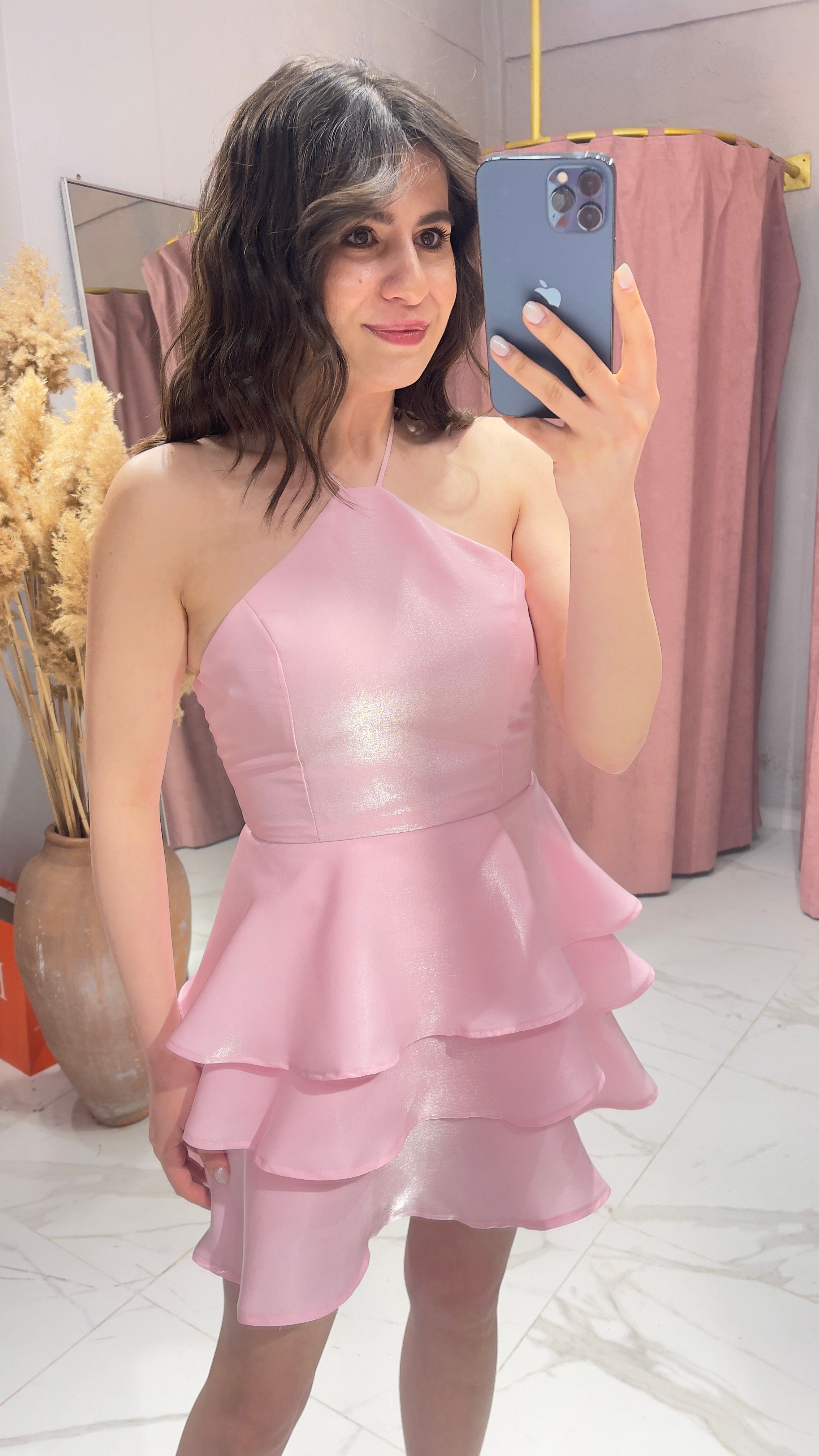 SATEN IŞILTILI VOLAN ELBİSE-PEMBE