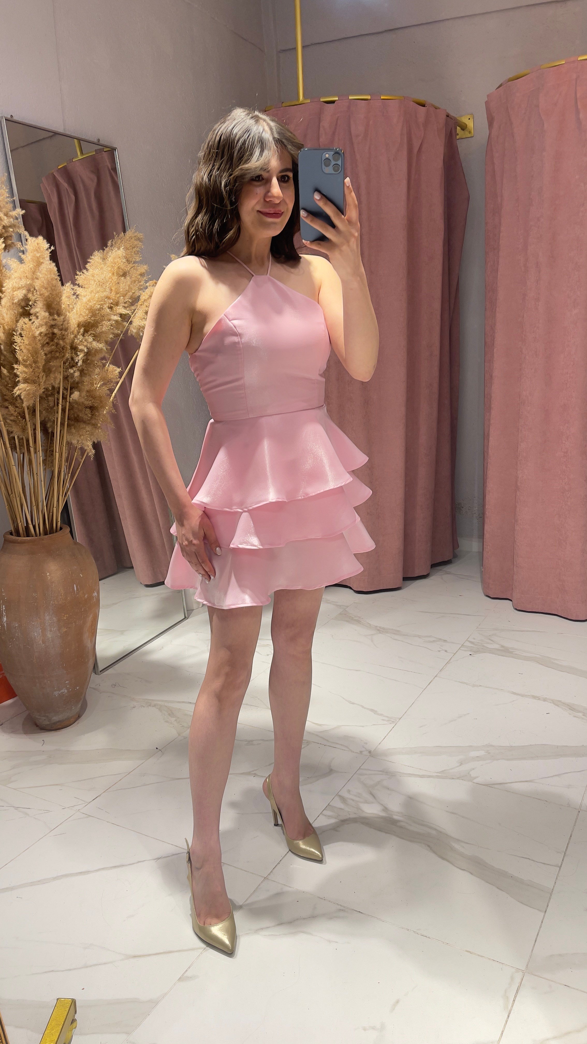 SATEN IŞILTILI VOLAN ELBİSE-PEMBE
