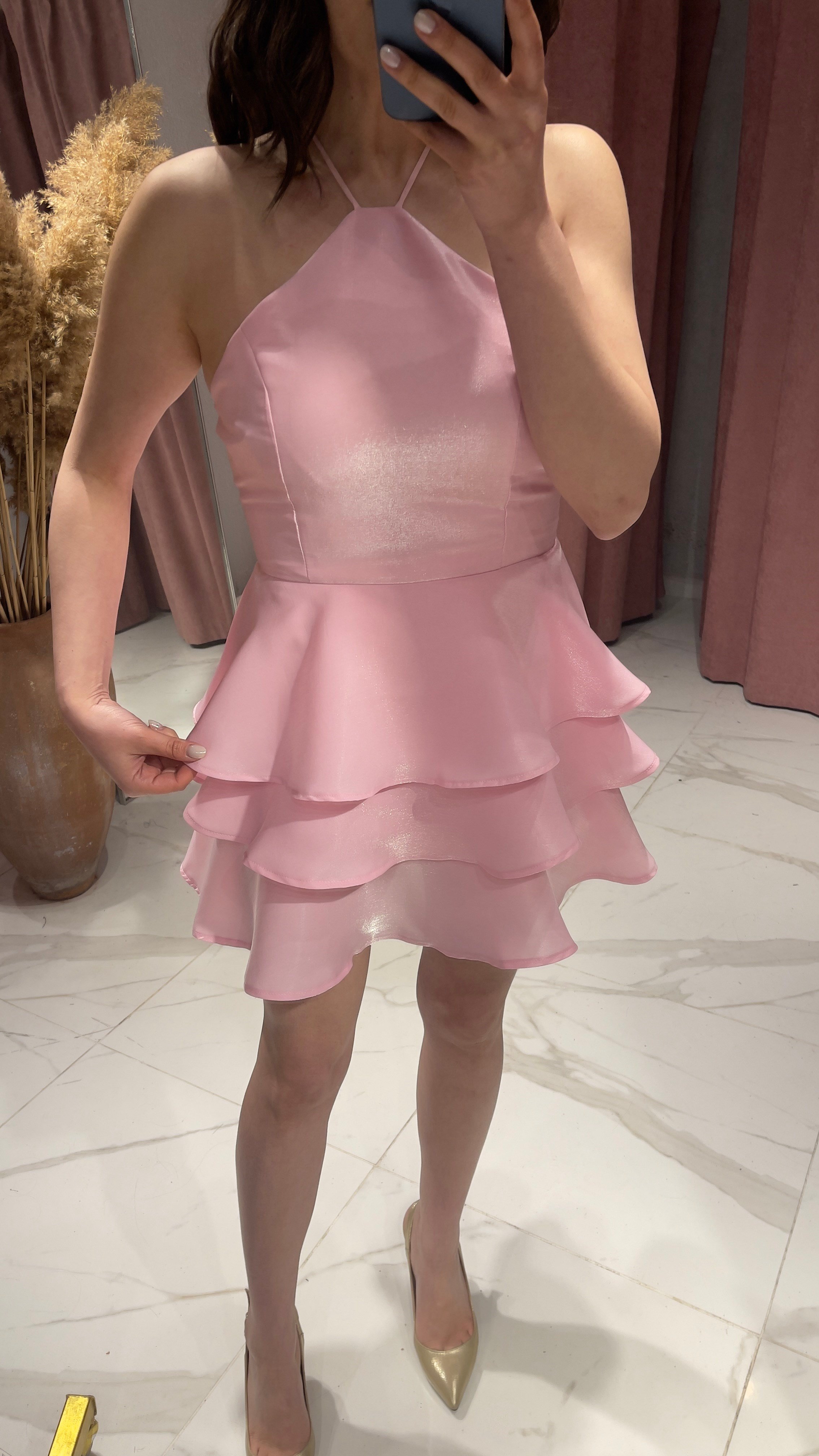 SATEN IŞILTILI VOLAN ELBİSE-PEMBE