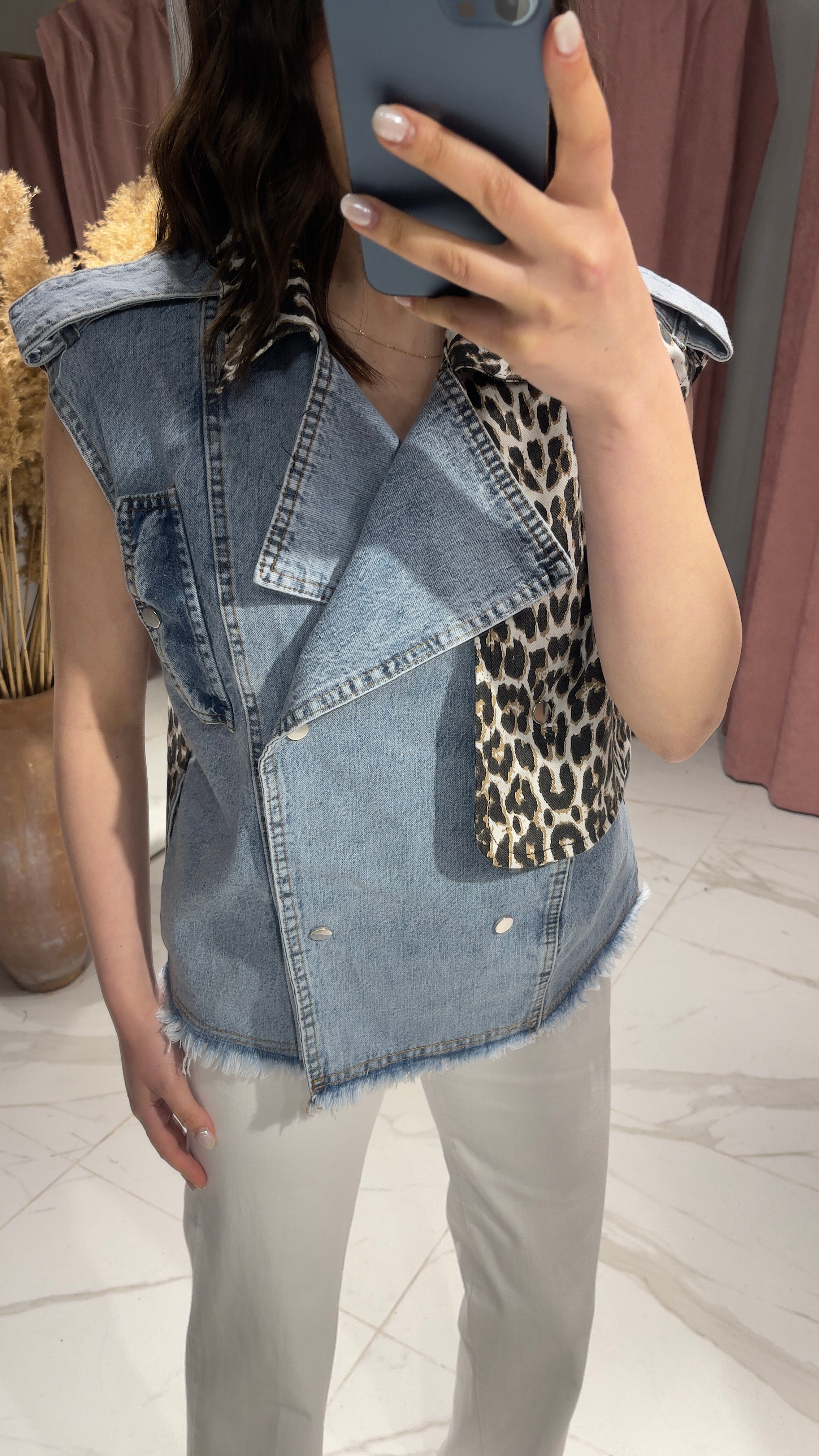 Tasarım Leopar Denim Yelek-MAVİ