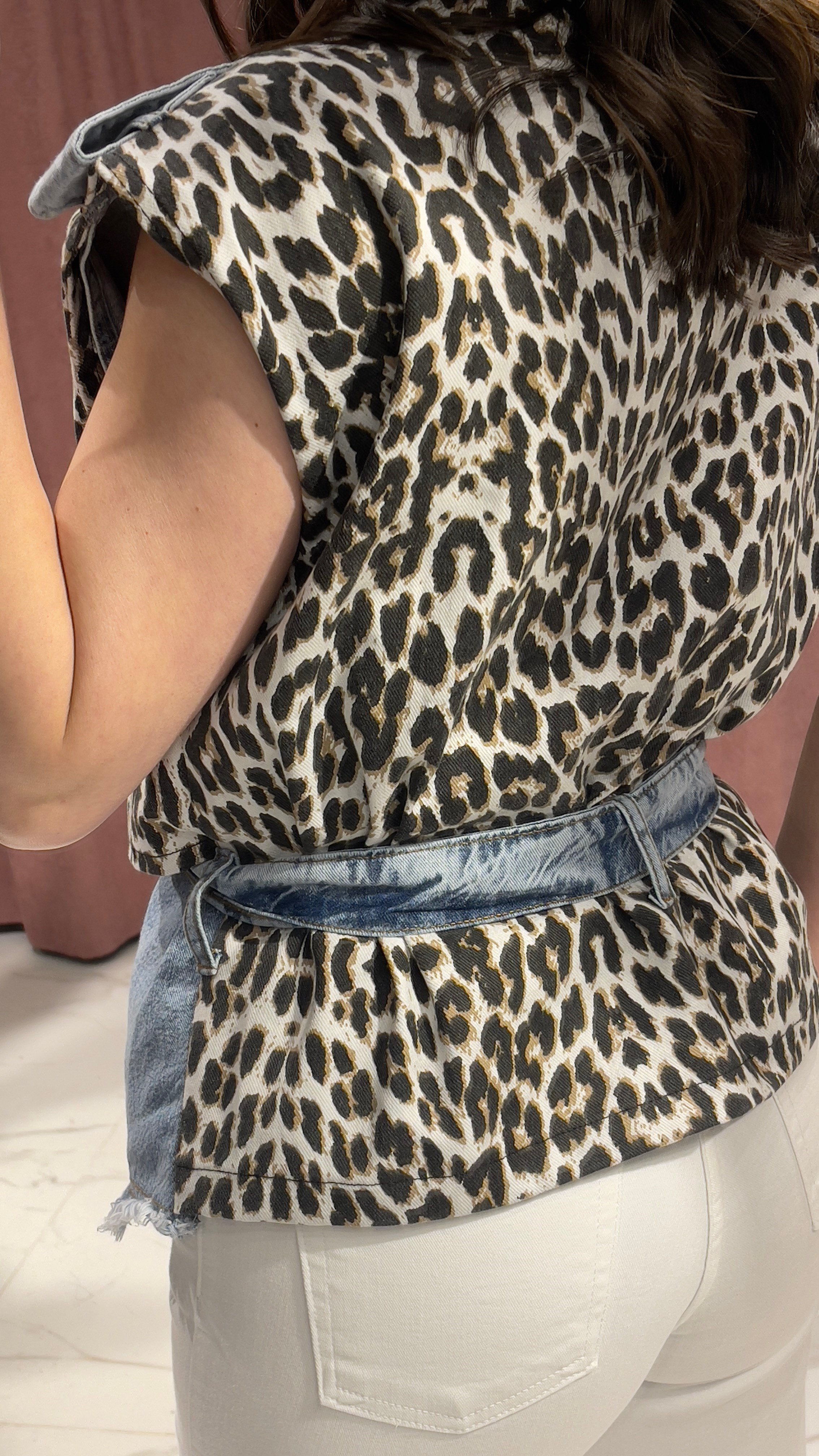 Tasarım Leopar Denim Yelek-MAVİ