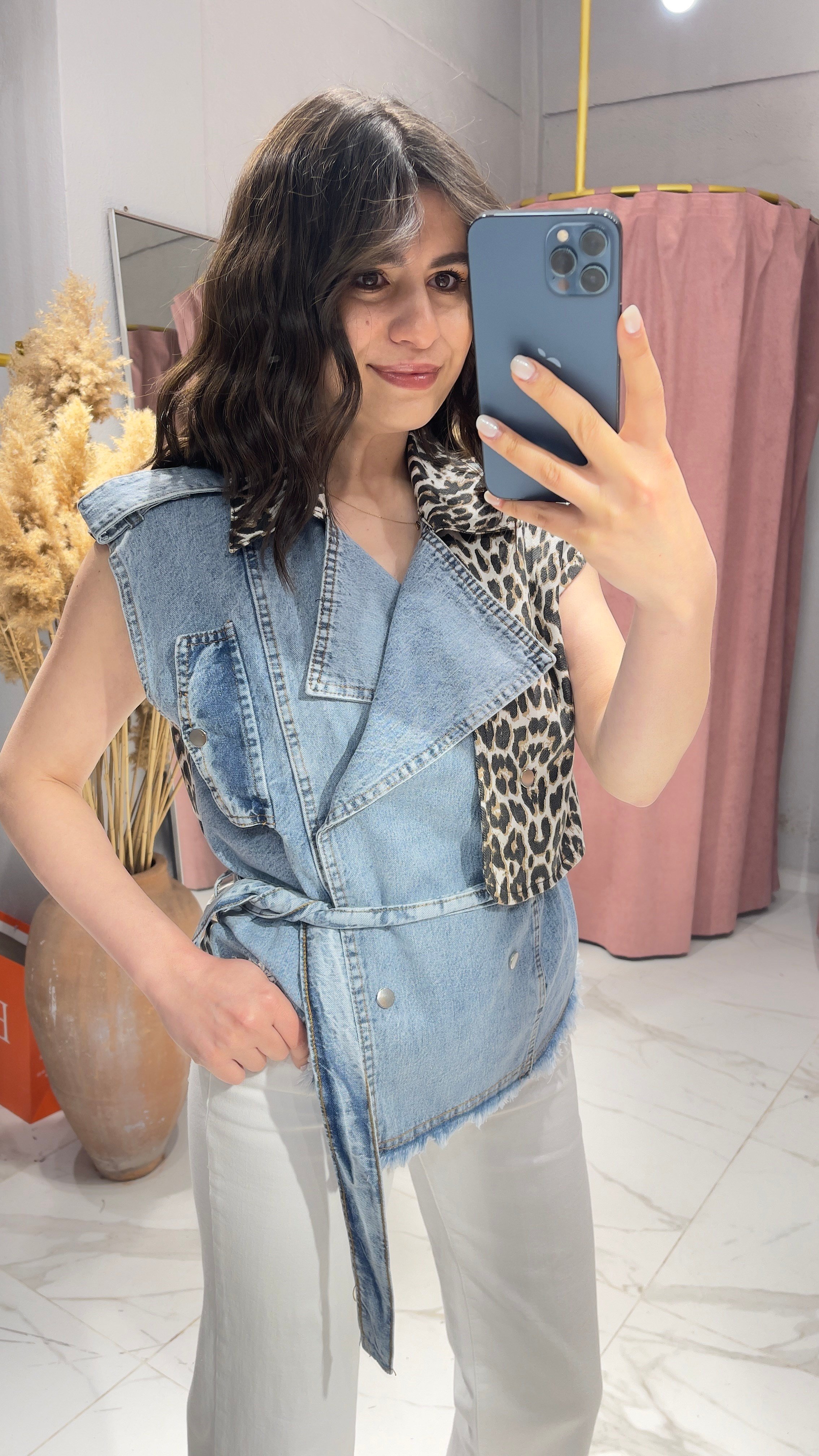Tasarım Leopar Denim Yelek-MAVİ