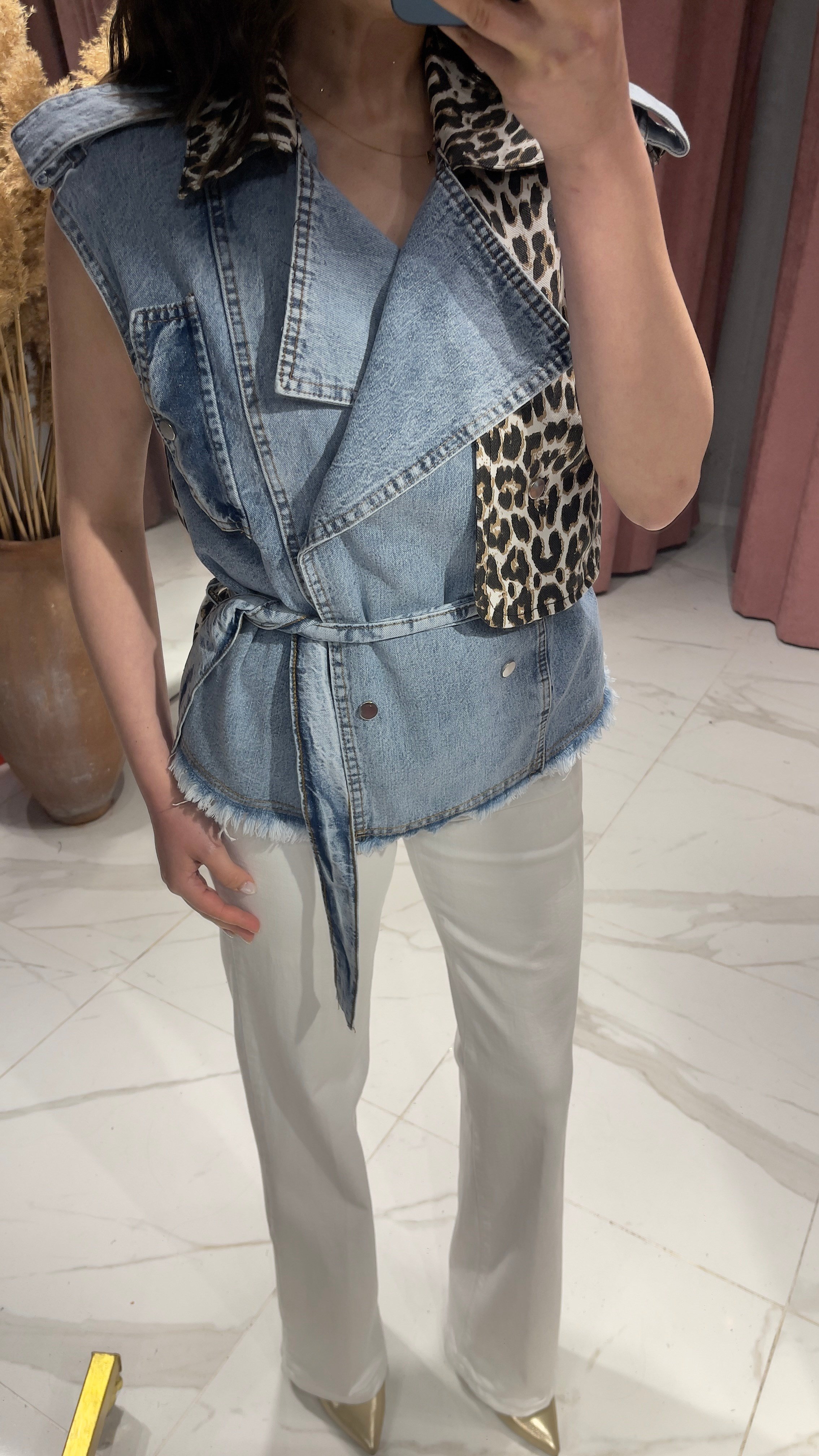 Tasarım Leopar Denim Yelek-MAVİ