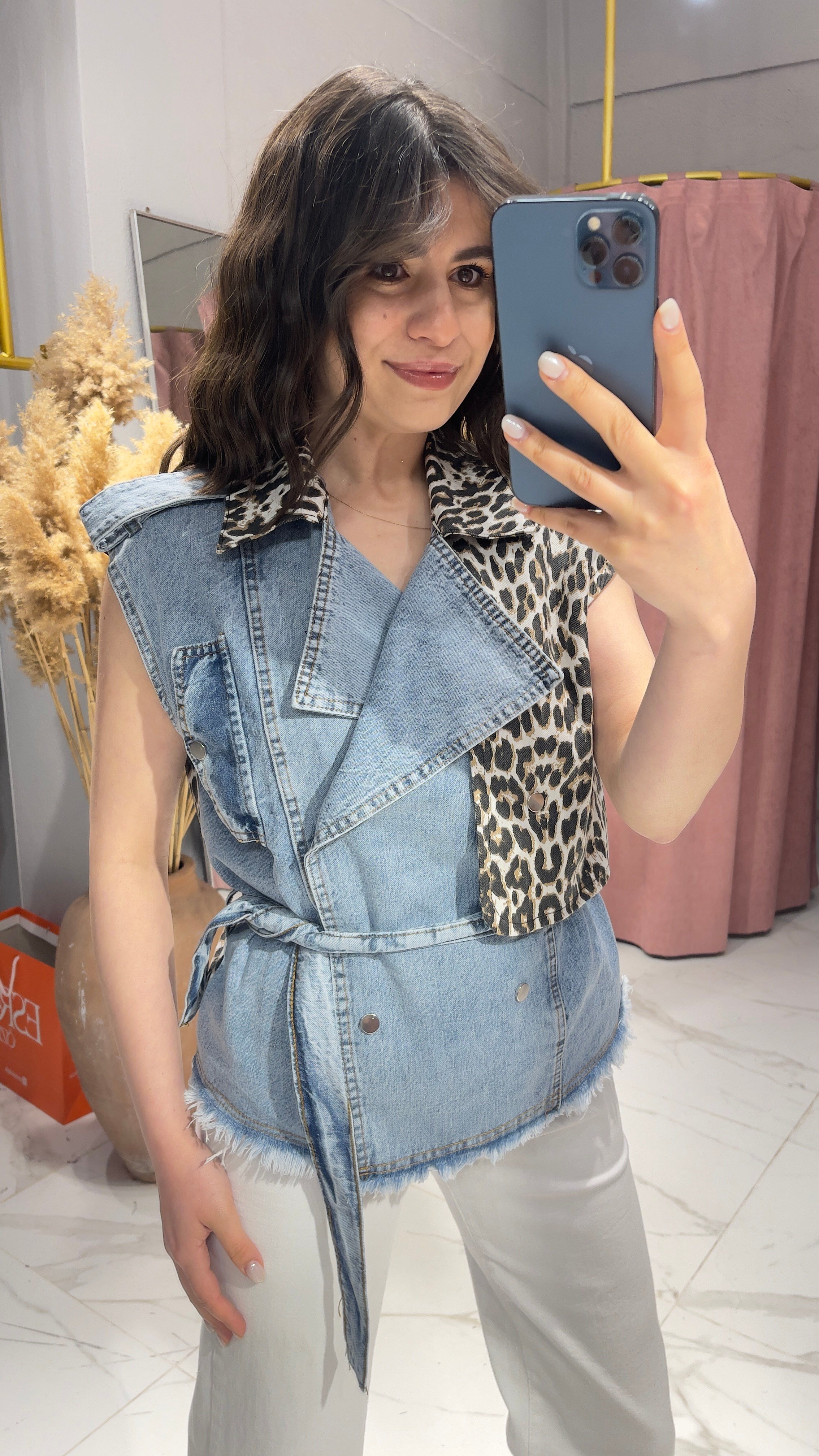 Tasarım Leopar Denim Yelek-MAVİ