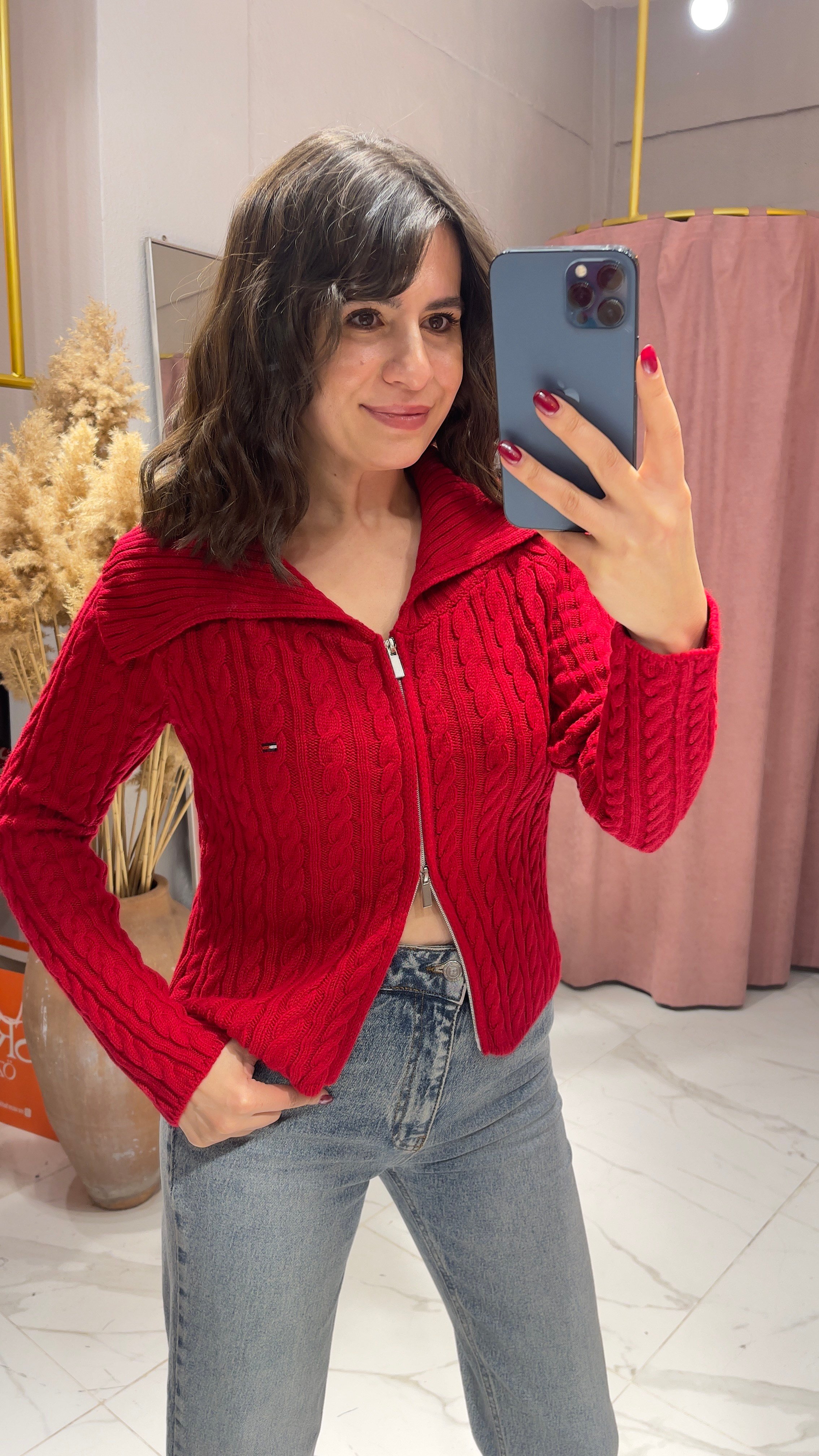 TMMY SAÇ ÖRGÜ MODEL TRİKO HIRKA-KIRMIZI