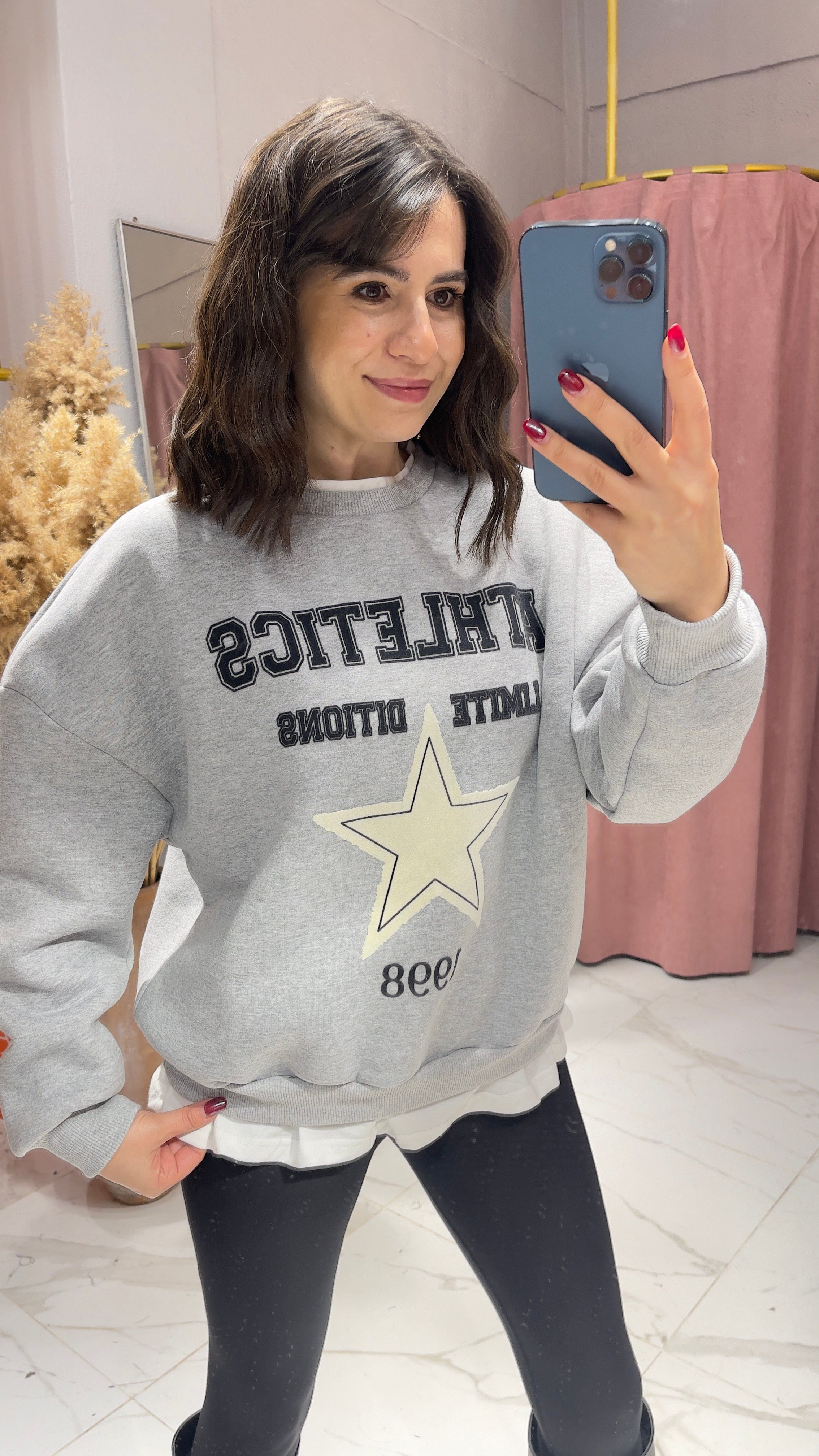 Yıldız Baskı Detaylı Sweatshirt-GRİ
