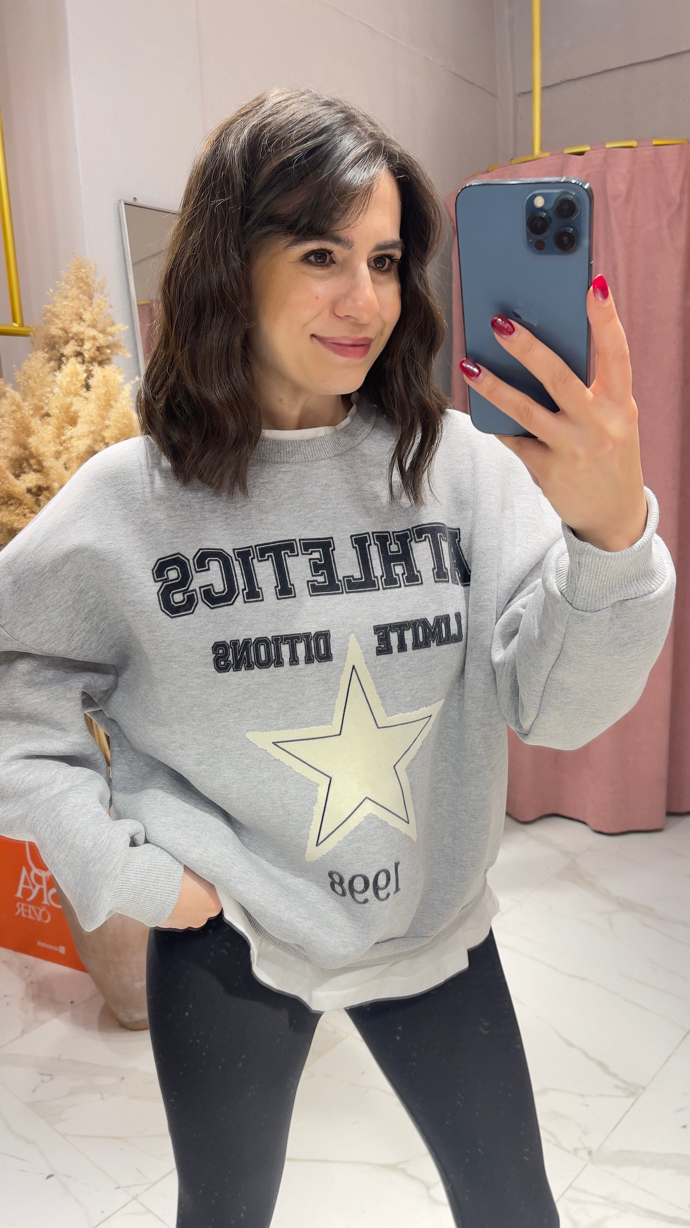 Yıldız Baskı Detaylı Sweatshirt-GRİ