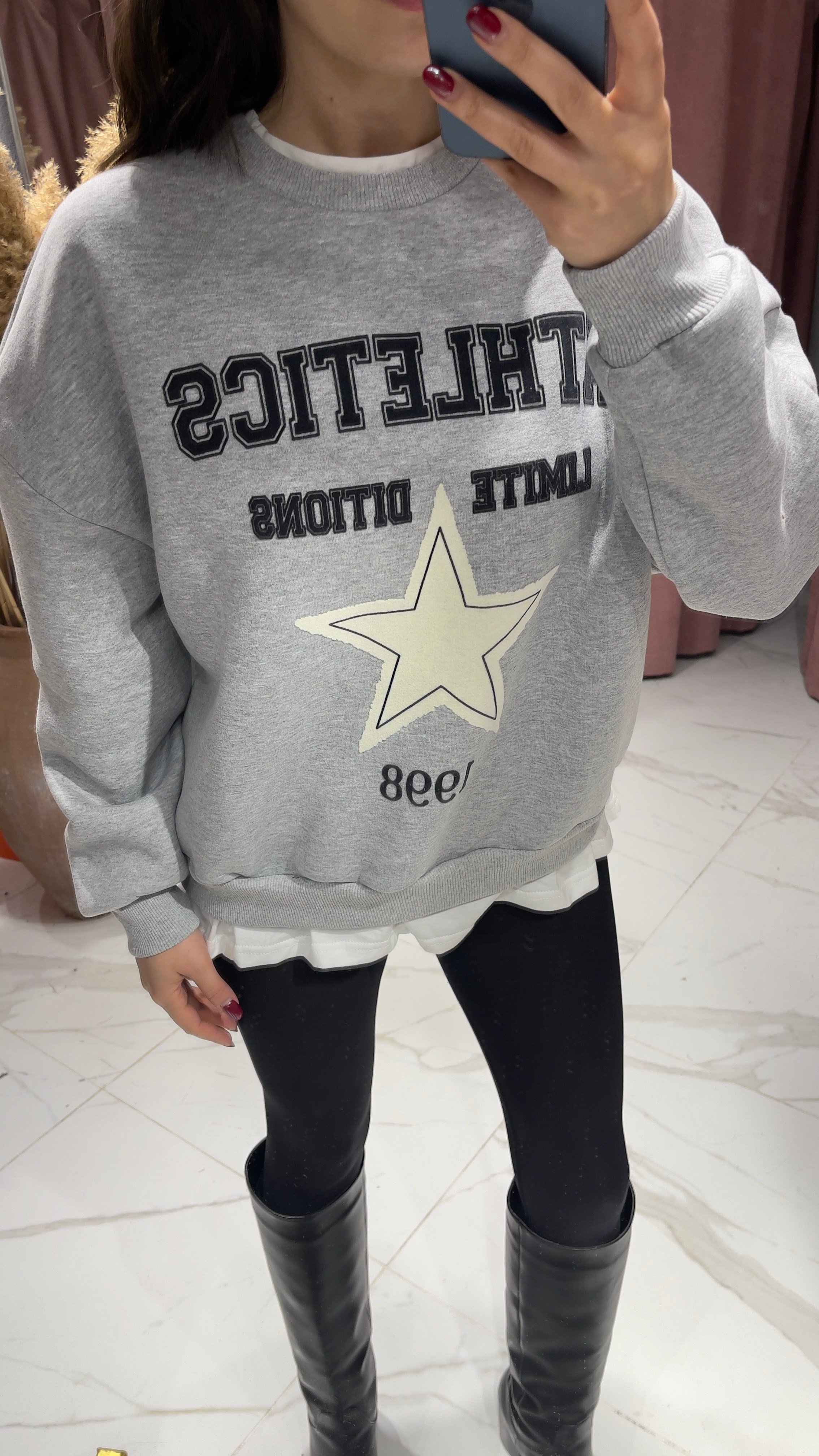 Yıldız Baskı Detaylı Sweatshirt-GRİ
