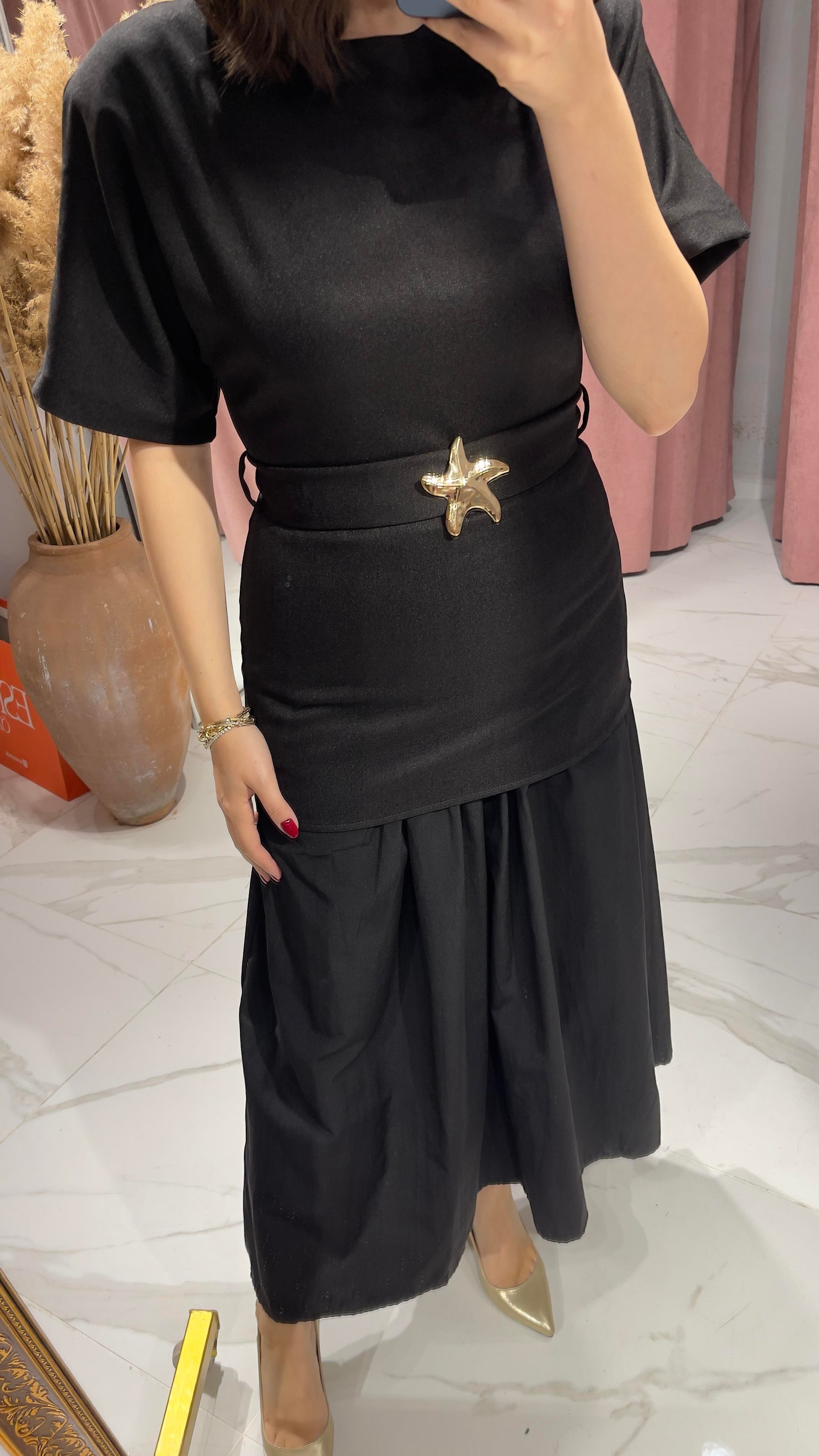ZRA MODEL GOLD YILDIZ TOKALI ÇİFT KUMAŞ ELBİSE-SİYAH