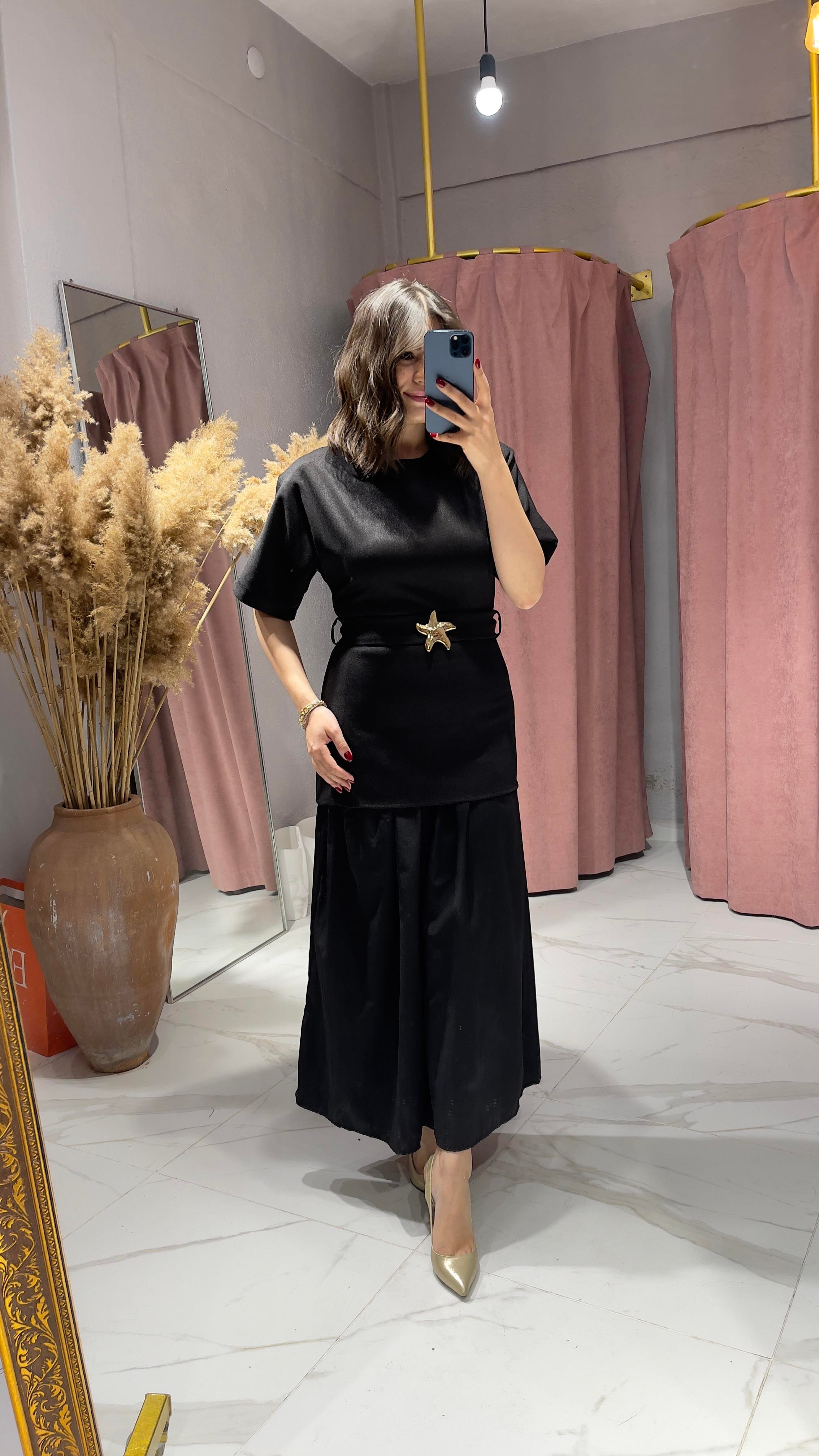 ZRA MODEL GOLD YILDIZ TOKALI ÇİFT KUMAŞ ELBİSE-SİYAH