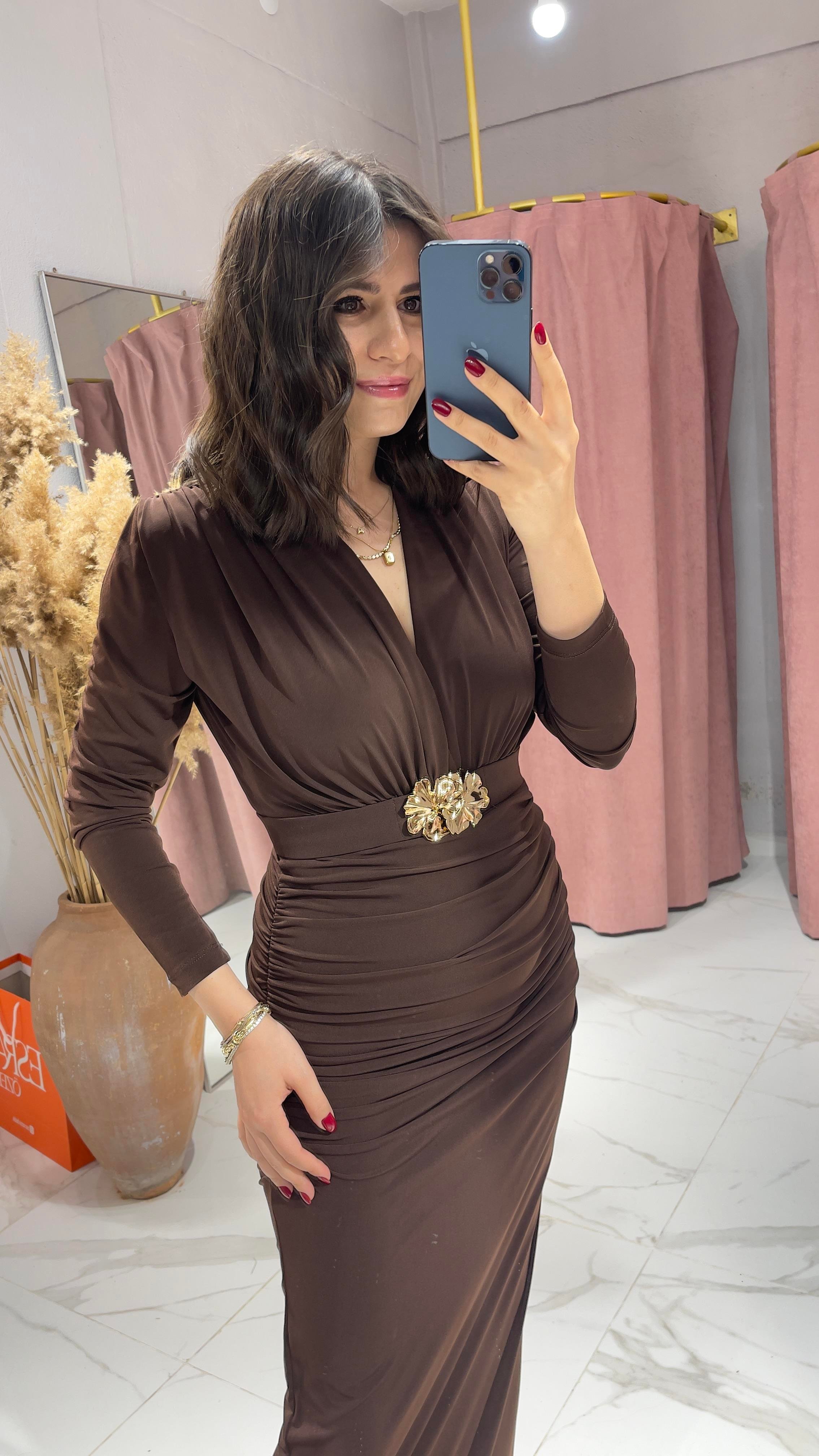 ZRA MODEL KEMERLİ ELBİSE-KAHVE