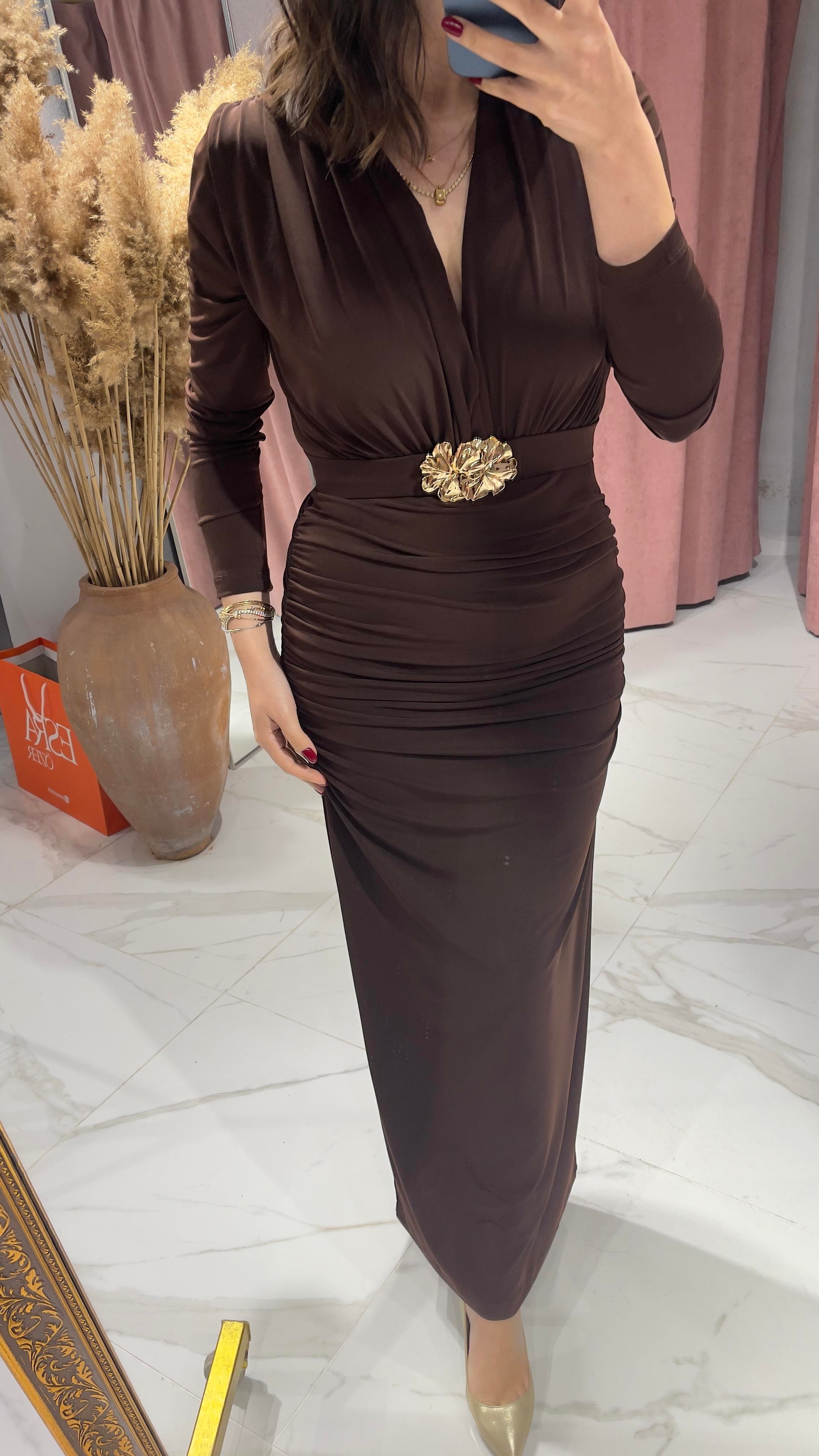 ZRA MODEL KEMERLİ ELBİSE-KAHVE
