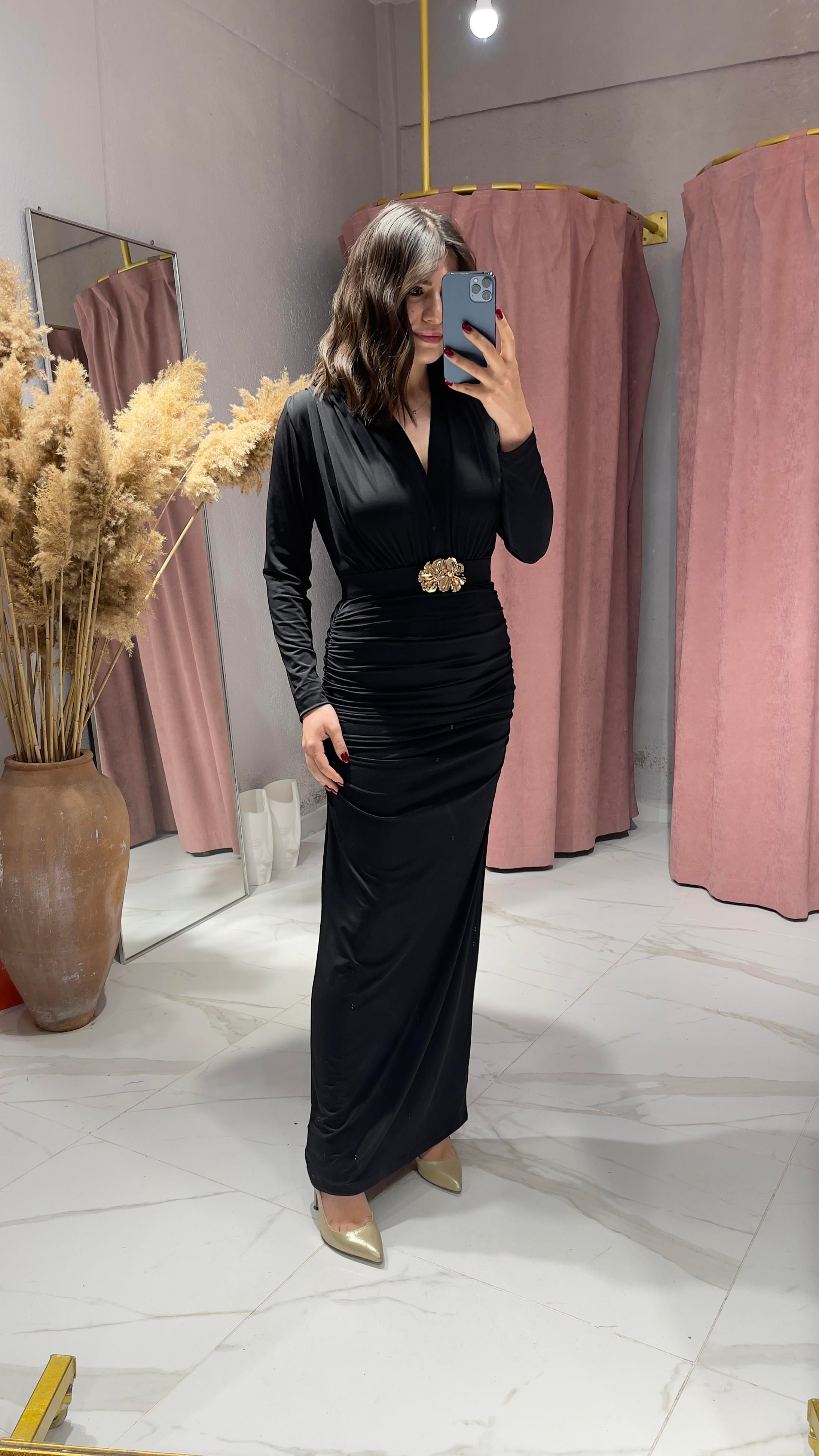 ZRA MODEL KEMERLİ ELBİSE-SİYAH