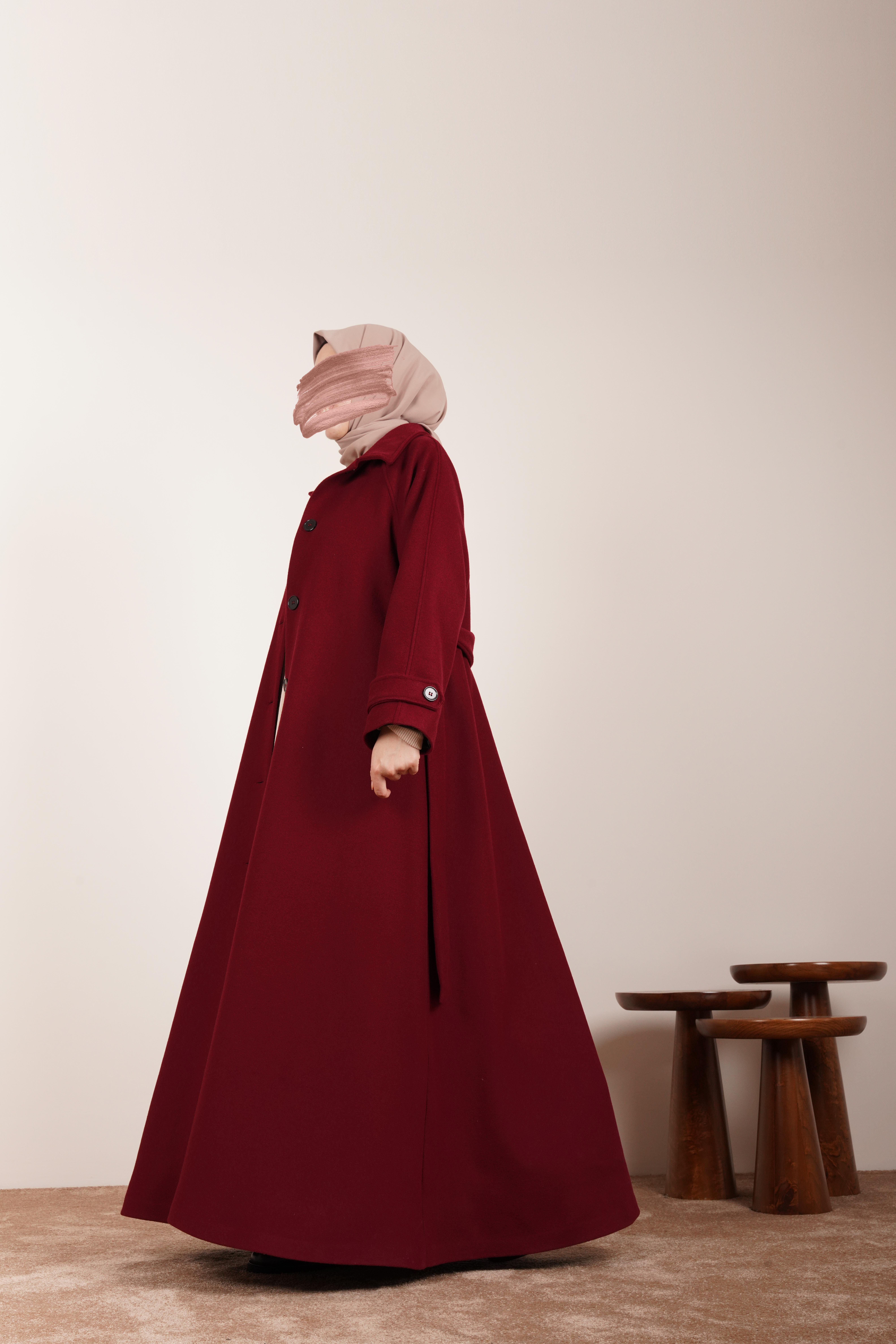 Ande Tesettür, Düğmeli Kloş Kaban, Düğmeli Kloş Kaban-Bordo