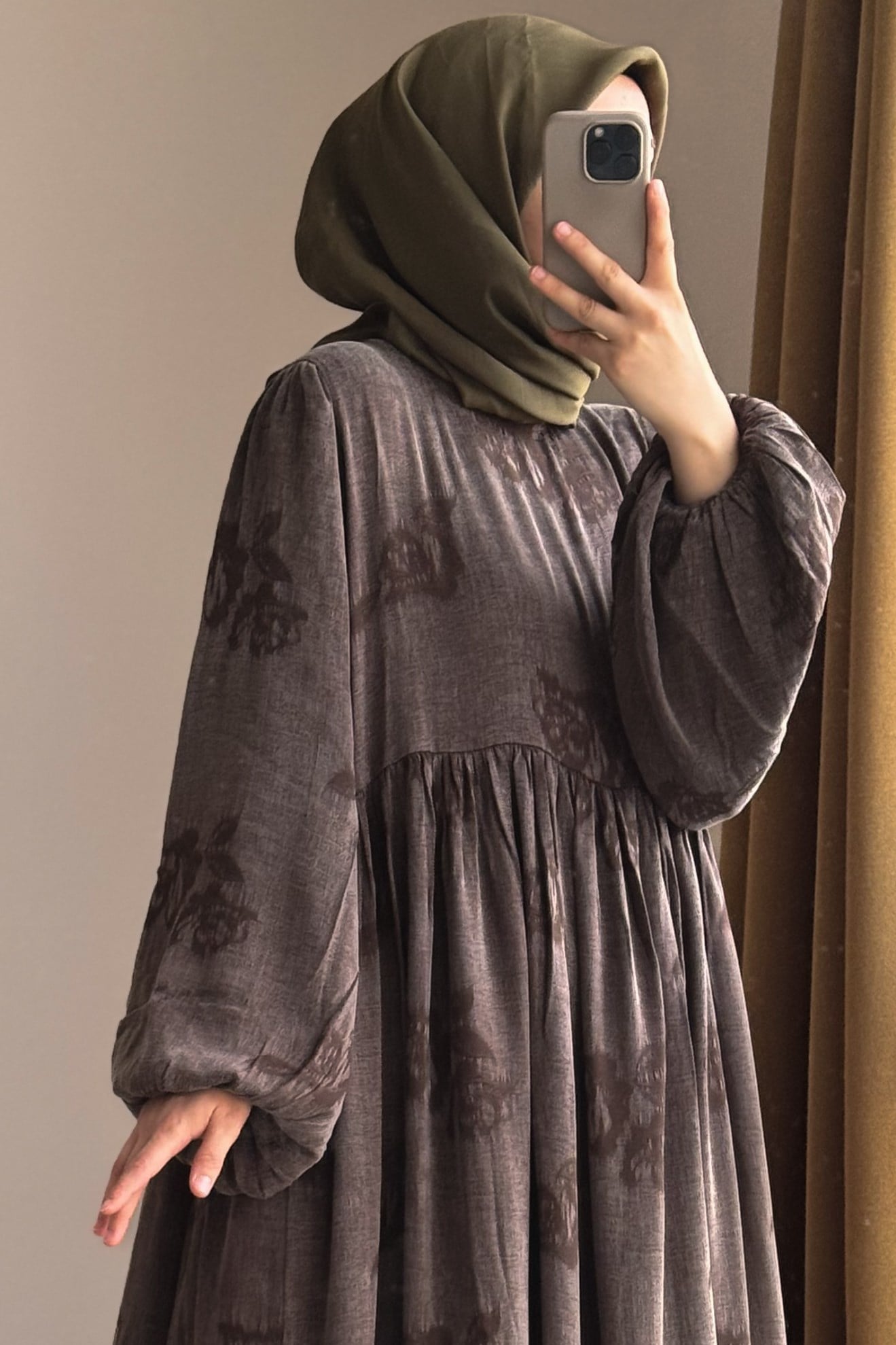 Ande Tesettür, İpek Cupra Elbise, İpek Cupra Elbise - Kahve desen