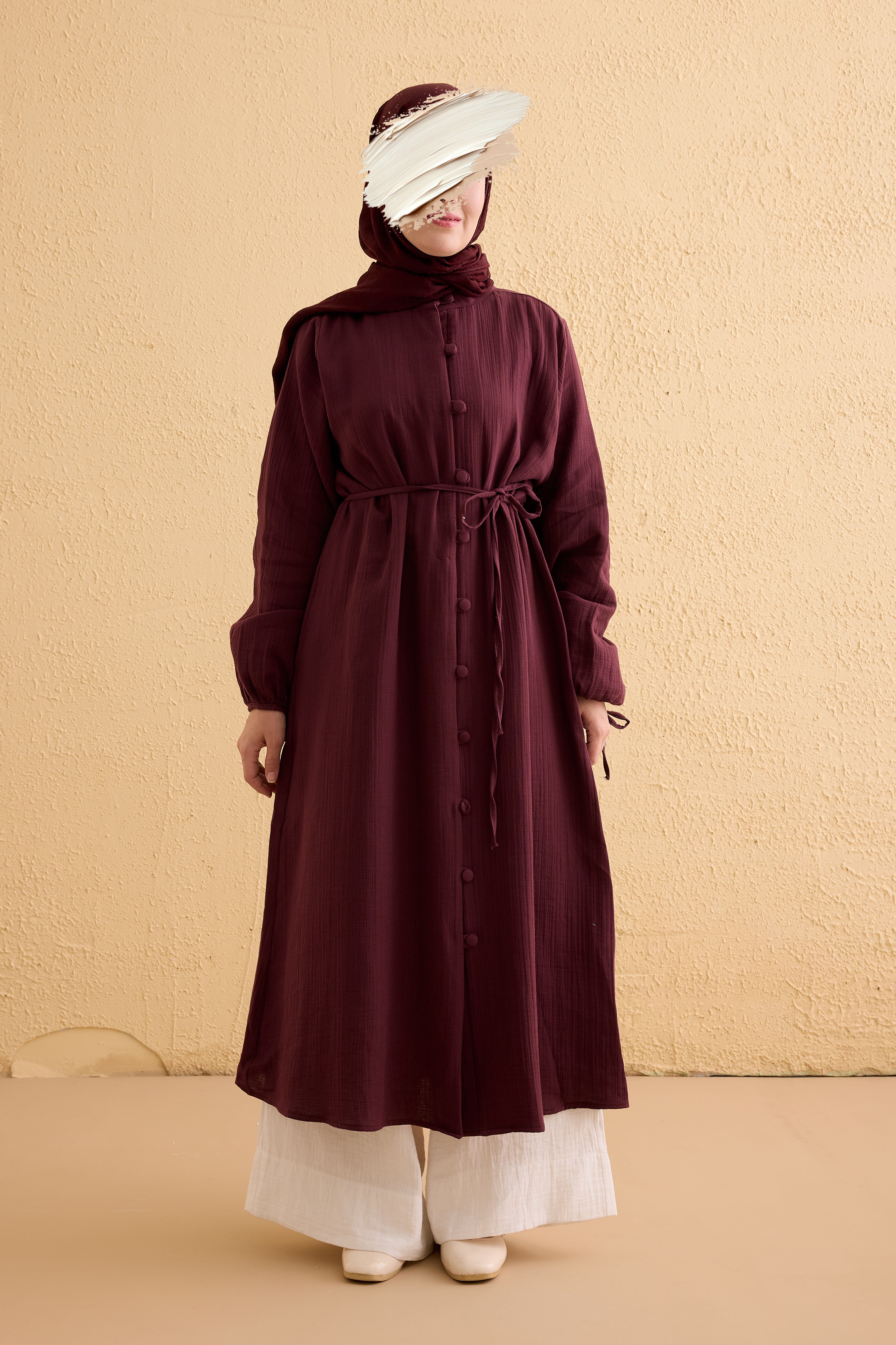 Ande Tesettür, Kaplama Düğmeli Müslin Tunik, Kaplama Düğmeli Müslin Tunik - Mürdüm