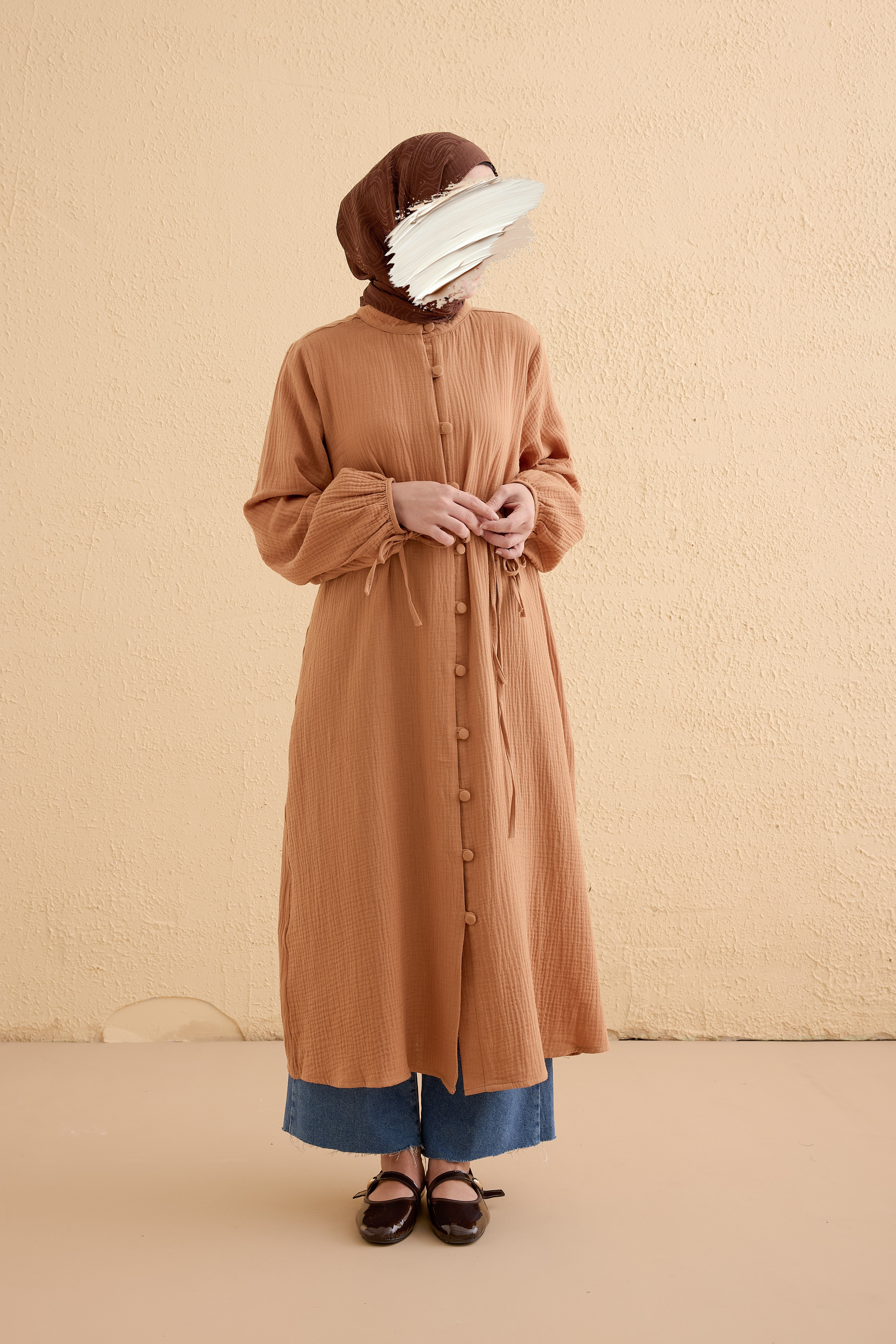 Ande Tesettür, Kaplama Düğmeli Müslin Tunik, Kaplama Düğmeli Müslin Tunik - Natural kiremit