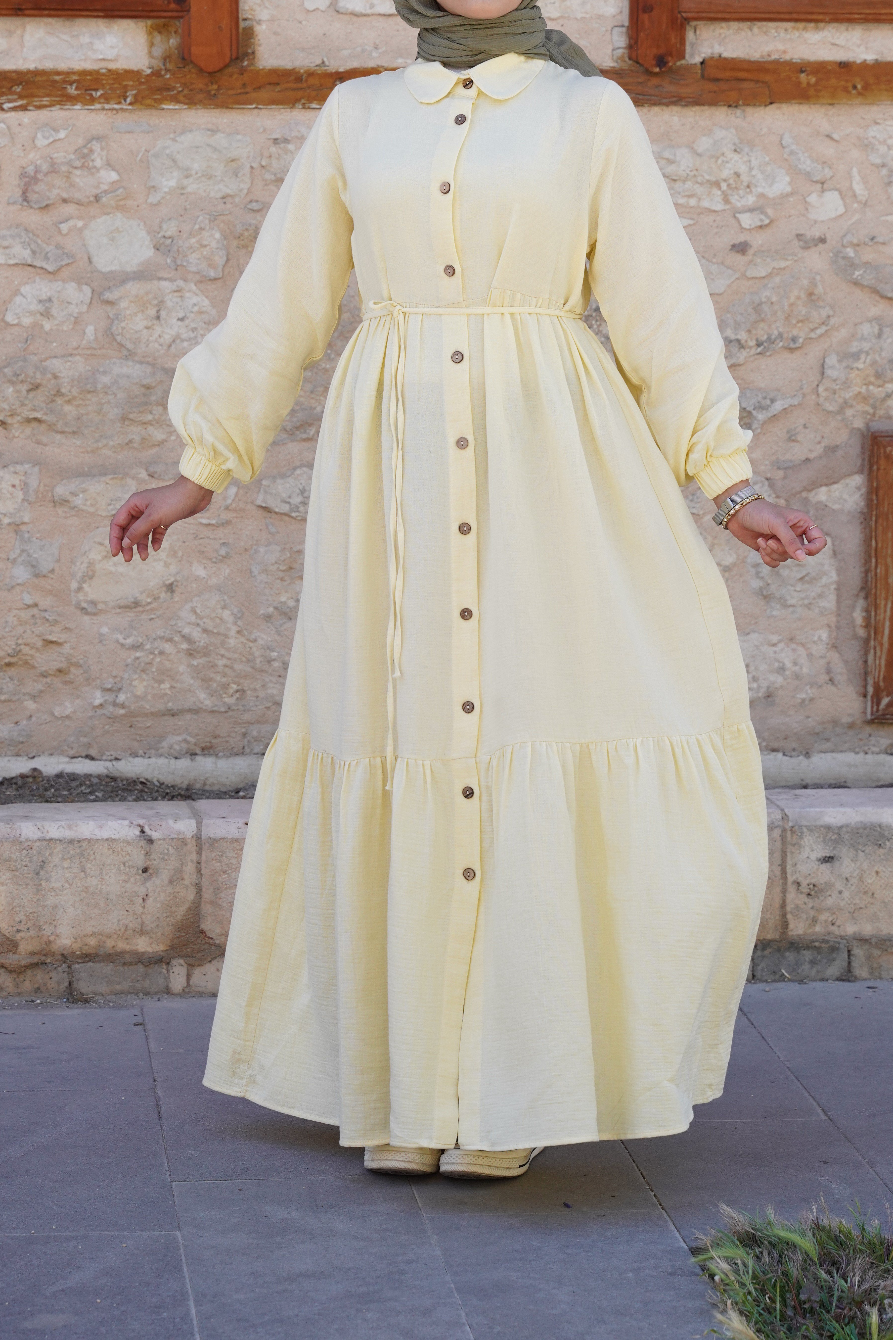 Ande Tesettür, Katlı Müslin Elbise/ Ferace, Katlı Müslin Elbise/ Ferace - soft sarı