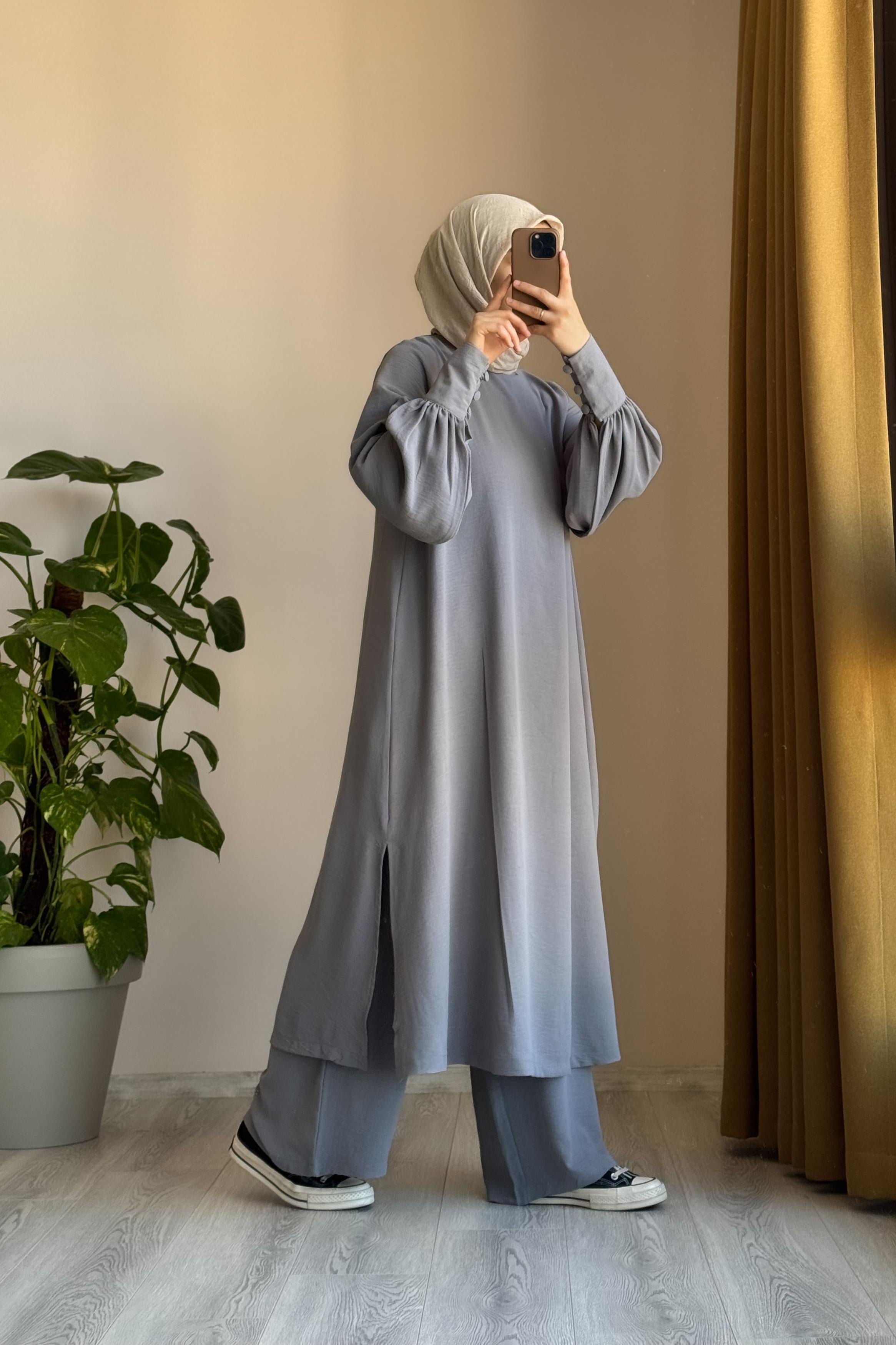 ANDE TESETTÜR, Manşet Detaylı Pantolonlu Takım, Manşet Detaylı Pantolonlu Takım- Gri