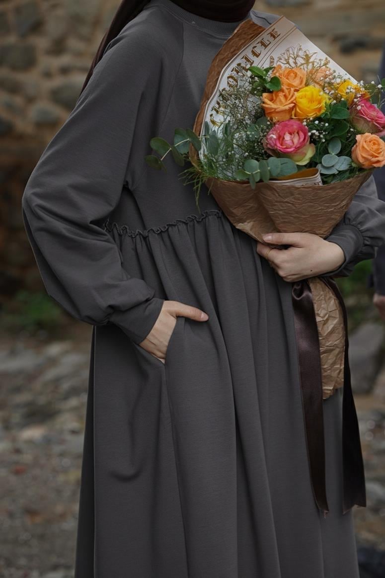 Ande Tesettür, Robalı Sweat Elbise, Robalı Sweat Elbise - Antrasit