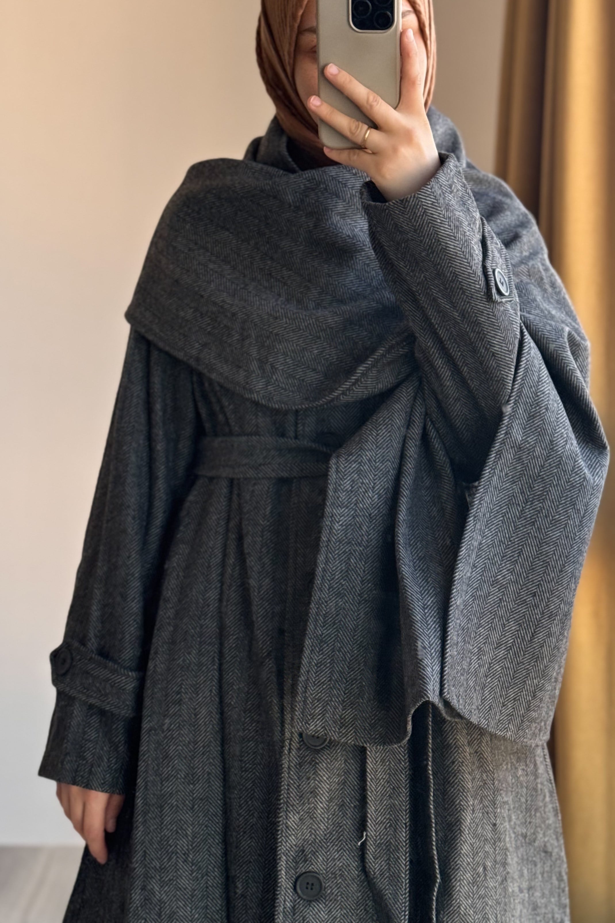 Ande Tesettür, Şal Detaylı Kışlık Ferace, Şal Detaylı Kışlık Ferace - Antrasit