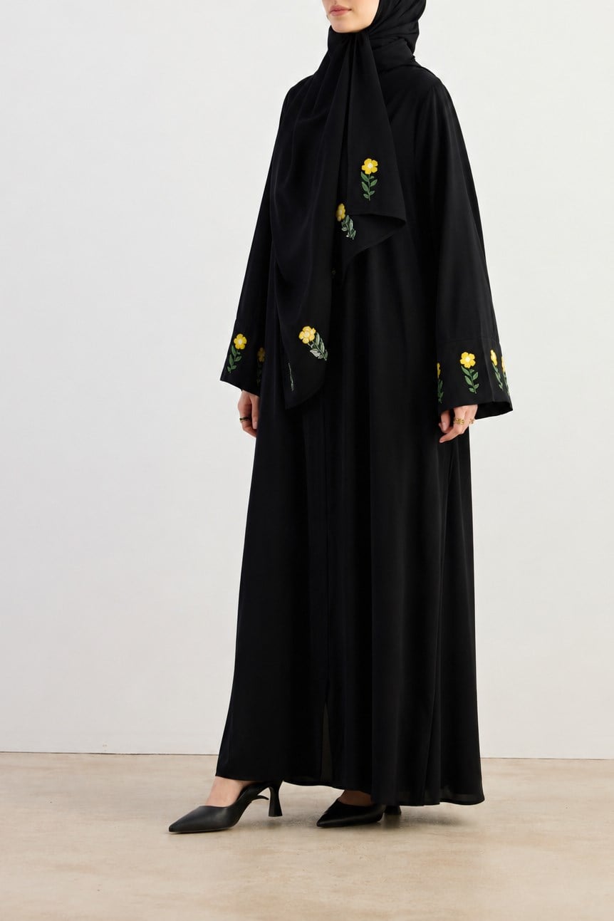 Ande Tesettür, Sarı Papatya Nakışlı Abaya, Sarı Papatya Nakışlı Abaya - Siyah